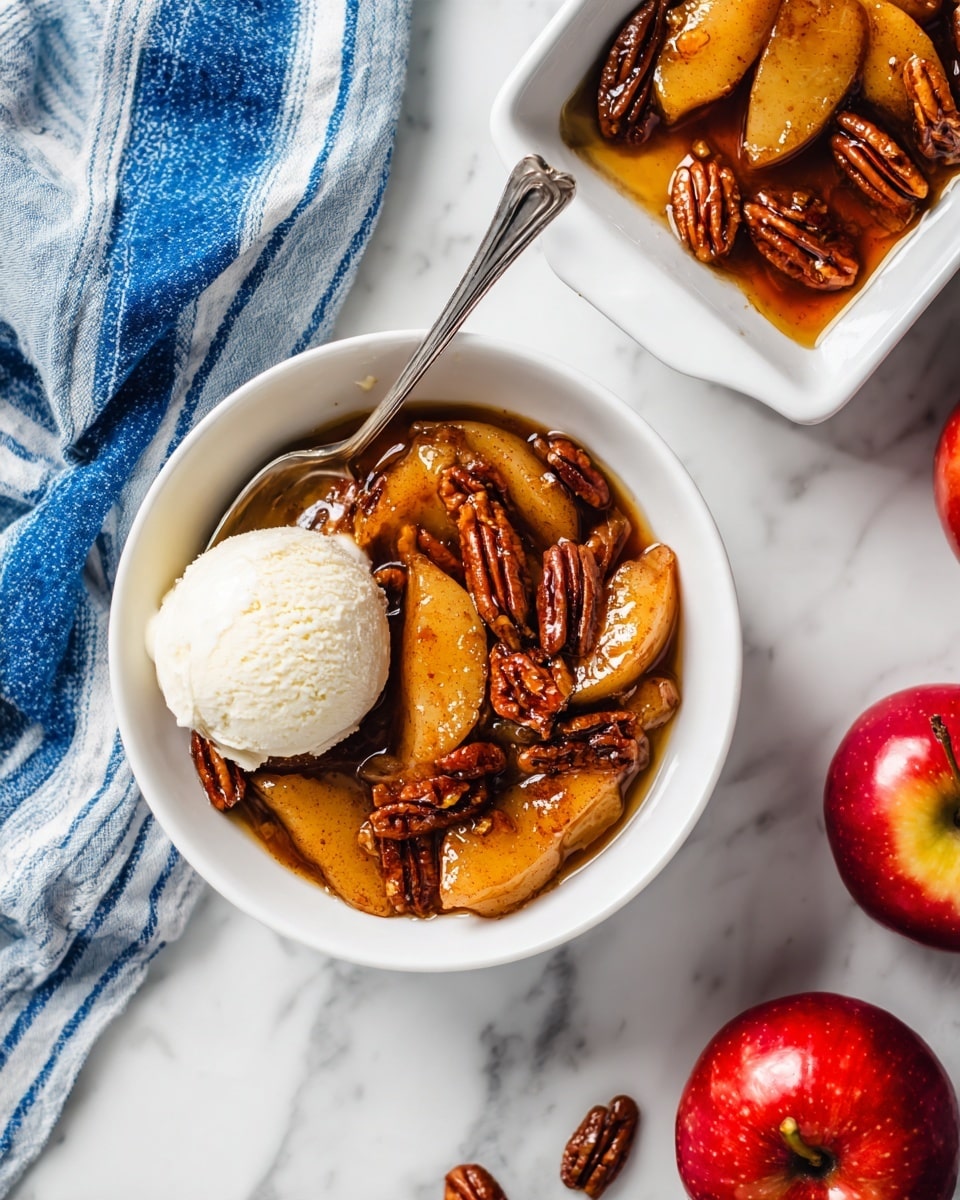 A white bowl filled with a warm apple dessert showing soft, glossy apple slices cooked to a golden brown color, mixed with dark brown pecan halves scattered on top and within the apples. On one side of the bowl, there is a round scoop of creamy white vanilla ice cream with a slight melting effect and a pecan half placed on top. A silver spoon rests in the bowl, partially submerged in the dessert. Next to the bowl is a white rectangular dish with more of the apple dessert and two red apples nearby on a white marbled surface. A blue and white striped cloth is placed beside the bowl. Photo taken with an iphone --ar 4:5 --v 7