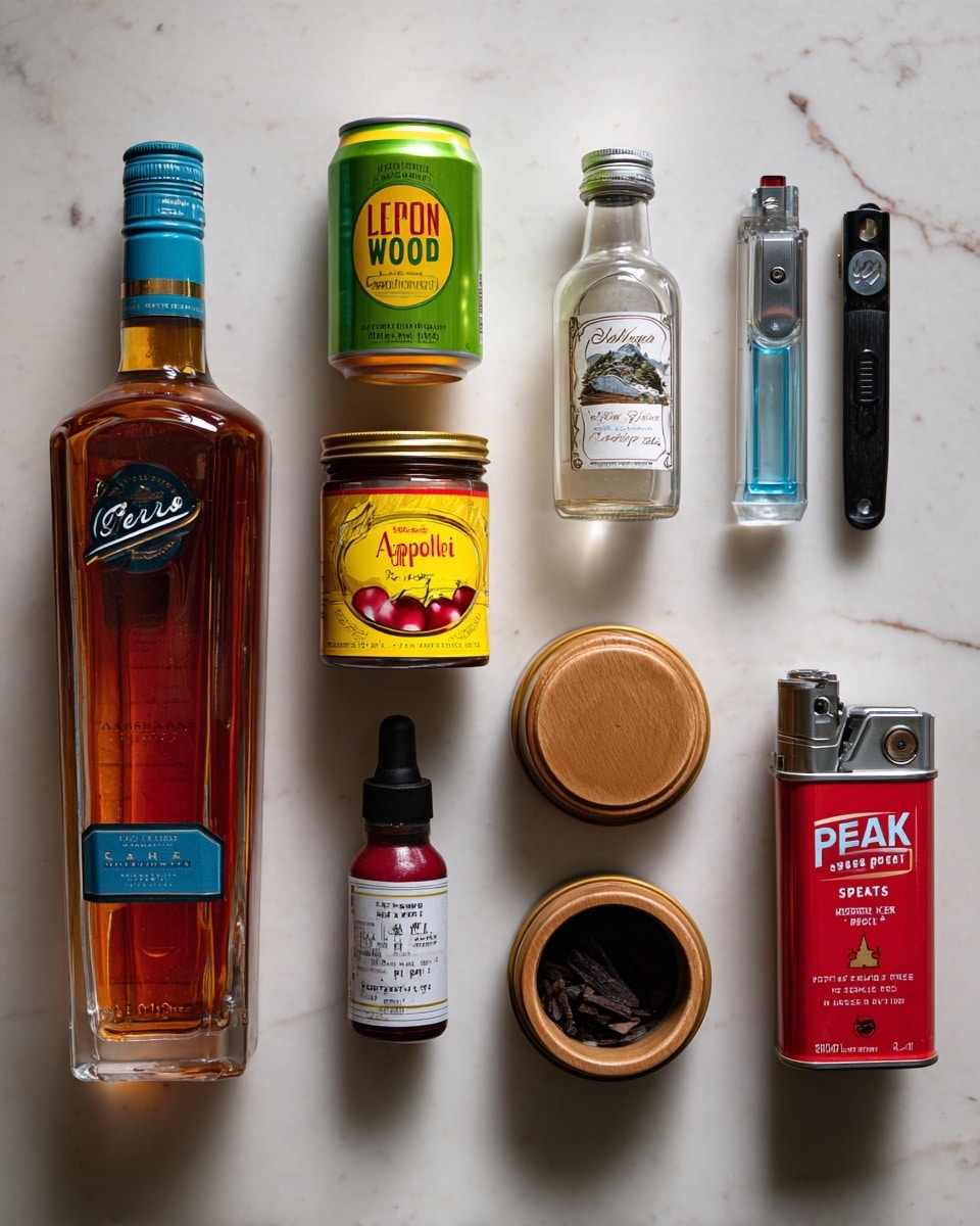 The image shows two sections of drink-making items placed on a white marbled surface. On the left side, five items are arranged: a tall bottle of amber-colored brandy with a blue label near the top, a small green can of lemon-lime soda, a jar with a bright yellow and red label containing maraschino cherries, a bottle with a white label and dark cap labeled aromatic bitters, and a clear bottle with a blue cap and simple syrup label. On the right side, there is a round tin labeled
