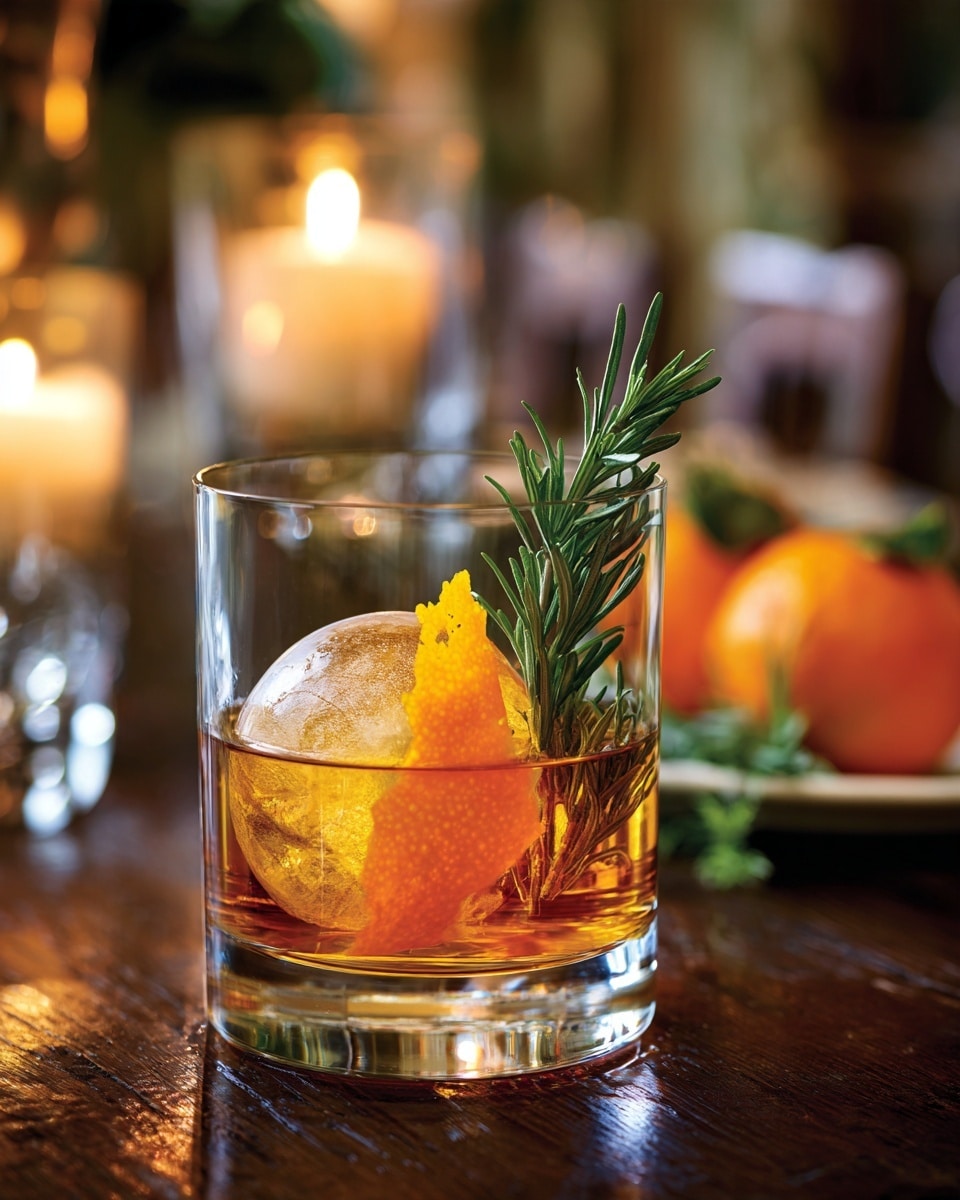 A clear glass cup holds an amber-colored liquid with a large round ice sphere sitting inside. On the ice sphere, there is a bright orange peel resting diagonally, adding a pop of color. A sprig of fresh green rosemary stands upright from the middle of the drink, its needle-like leaves contrasting sharply with the amber liquid. The glass is set on a dark wooden table with a softly blurred background featuring some candle light in glass holders and a small white plate holding an orange fruit and green rosemary sprigs. The scene has a warm, cozy feel. photo taken with an iphone --ar 4:5 --v 7