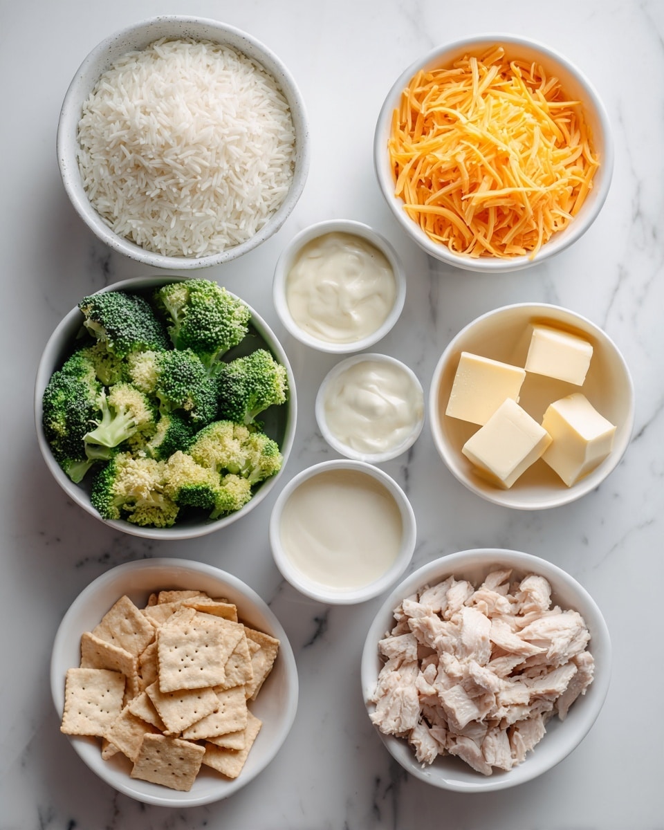 Nine white bowls and containers are arranged on a white marbled surface, each holding different ingredients. One bowl contains white rice with a soft, fluffy texture. Another bowl is filled with bright green broccoli florets. There is a bowl of shredded orange cheddar cheese, with thin, even strands. A separate bowl holds chopped light pink cooked chicken pieces. Another has broken light golden crispy crackers. A small bowl contains three blocks of pale yellow butter. Two small containers hold white creamy sauces with a smooth texture. The image shows clean, simple presentation focused on the food textures and colors. Photo taken with an iphone --ar 4:5 --v 7