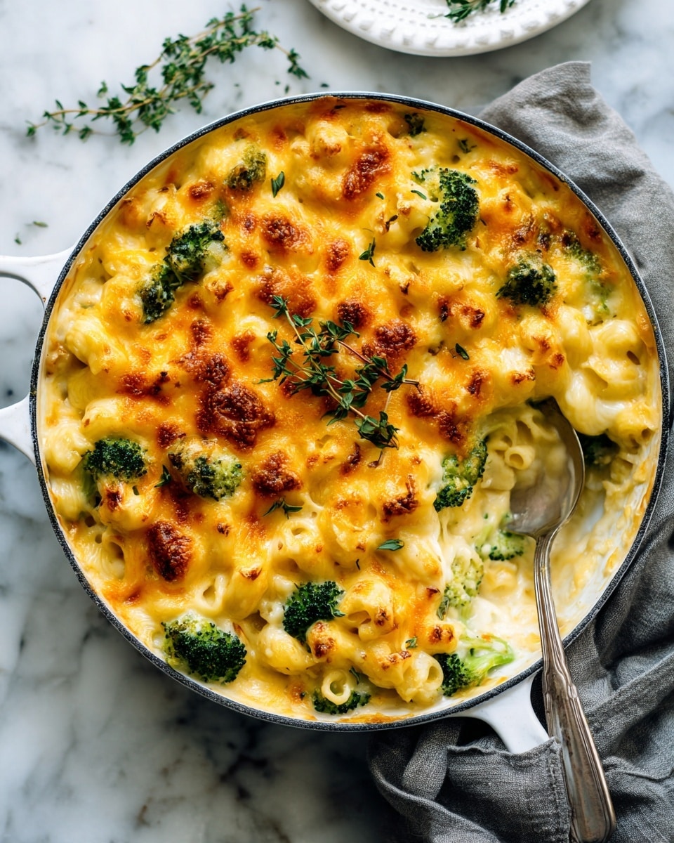 A white pan filled with baked macaroni and cheese that has a creamy sauce layer at the bottom mixed with small green broccoli pieces, topped with a golden-yellow melted cheese layer that has browned spots and melted texture. Fresh green herb sprigs are scattered on top, adding a touch of color. A spoon is resting on the right edge of the pan, slightly dipping into the cheesy layers. The pan is placed on a white marbled surface with a gray cloth napkin nearby and a white plate with herbs blurred in the background. Photo taken with an iphone --ar 4:5 --v 7