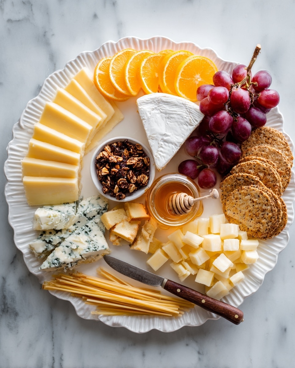 A white scalloped edged plate on a white marbled surface holds a colorful cheese and snack platter arranged in layers. Starting with stacked pale yellow cheese slices on the bottom left, next to wedge-shaped pale blue cheese with dark veins. Above that, small orange slices form a crescent. Near the center, a large white cheese wedge with a slightly yellow rind sits next to a small bowl filled with dark granola or nut mix. Bright red grapes cluster near the cheese wedge, while various brown crackers fan out on the right side. In the lower right, cubed pale yellow cheese and round white cheese sit close together, accompanied by a jar of honey with a spoon resting inside. At the very bottom, thin pale yellow cheese sticks fan outward beside more orange slices. A wooden knife with a brown handle lays on the plate near the cheese wedge. Photo taken with an iphone --ar 4:5 --v 7