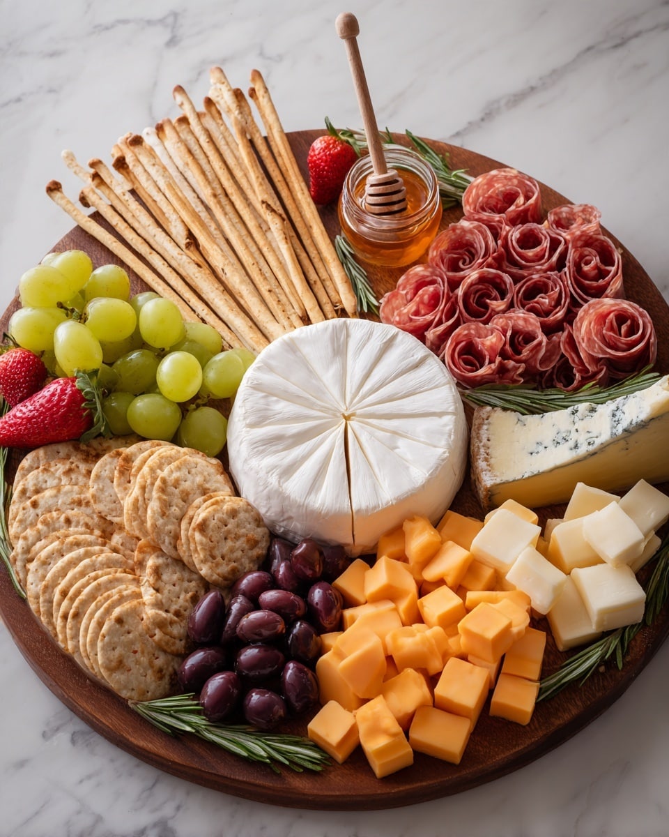 A round wooden board filled with different foods arranged in layers. In the center, there is a white cheese wheel with slices fanning out. Around it are cubes of bright orange cheese stacked neatly. On one side, there are slices of pinkish cured meat folded in soft curls, and on another side, thin slices of a red and white marbled cured meat are arranged in small piles. Green grapes are placed in clusters near the edges, along with dark purple olives in a small pile. Crackers are stacked on one side next to breadsticks that stand upright in a small bundle. There are also wedges of a blue-veined cheese and a small jar of honey with a wooden drizzler. Sprigs of rosemary and some strawberries add touches of green and red around the board. The whole setup sits on a white marbled surface. Photo taken with an iphone --ar 4:5 --v 7