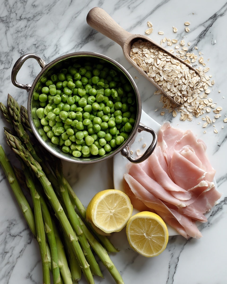 The image shows fresh green peas in a small metal pot with handles, a scoop filled with uncooked oats placed diagonally on a white marbled surface, two halves of a lemon with bright yellow skin, a bunch of green asparagus spears bundled together, and thin slices of pale pink meat arranged loosely on a white plate. photo taken with an iphone --ar 4:5 --v 7