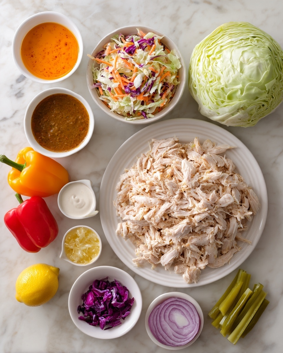 The image shows a large mound of cooked shredded chicken placed on the right side of a large white plate. Above it, there is a small white bowl filled with a light salad made from thinly sliced cabbage and carrots. To the left of the chicken, there is a large whole cabbage head. Surrounding the cabbage and chicken, there are smaller white bowls with different sauces and chopped ingredients: a bright orange sauce, a brown thick sauce, and a creamy white sauce. Also, small piles of fresh vegetables include whole mini bell peppers in orange and red, lemon wedges, sliced red onions, and three long light green pickled vegetables. The whole setting is arranged on a white marbled surface. photo taken with an iphone --ar 4:5 --v 7