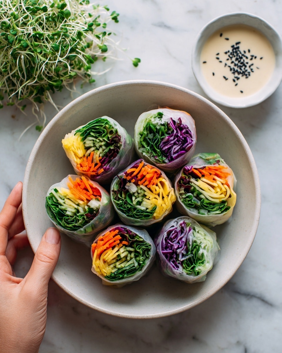 A white bowl with six colorful vegetable spring rolls neatly arranged in a circle. Each spring roll has visible layers including bright orange carrot strips, dark green cucumber slices, purple cabbage, and fresh green leafy herbs, all wrapped with a translucent rice paper layer showing the fresh texture inside. Near the bowl, on a white marbled surface, there is a small white bowl filled with a light creamy dipping sauce topped with black sesame seeds. A woman's hand is gently holding a spring roll over the bowl. The background shows a small pile of fresh green sprouts. Photo taken with an iphone --ar 4:5 --v 7