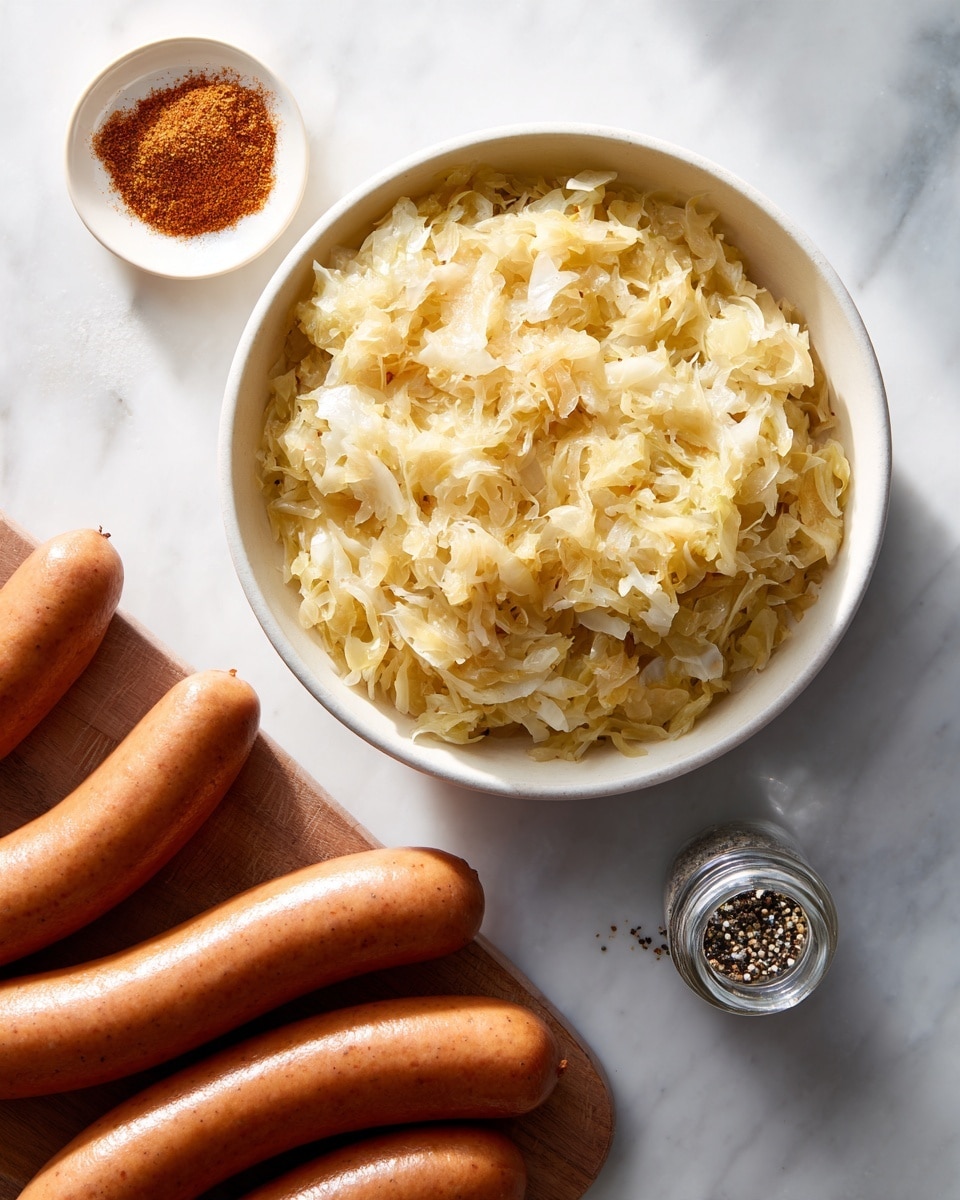 The image shows a white bowl filled with pale yellow sauerkraut that has a soft, shredded texture. Next to it on the same white marbled surface are six light brown sausages arranged in a slight curve. A small white dish with a reddish-brown spice and a clear pepper shaker with black pepper sit nearby. The scene has a clean, simple look with bright lighting and a neat layout. Photo taken with an iphone --ar 4:5 --v 7