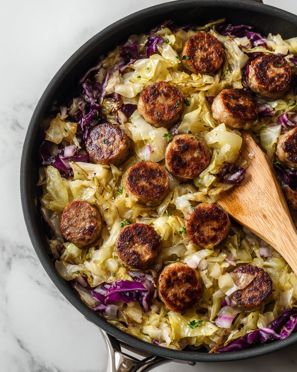 A black skillet filled with a layered dish starting at the bottom with light yellow, soft, cooked cabbage mixed with bits of red onion. On top, round pieces of browned sausage are scattered unevenly, each with a crispy, dark golden-brown exterior. A wooden spoon is resting inside the skillet on the right side, partially covered by the dish. The skillet sits on a white marbled surface. Photo taken with an iphone --ar 4:5 --v 7