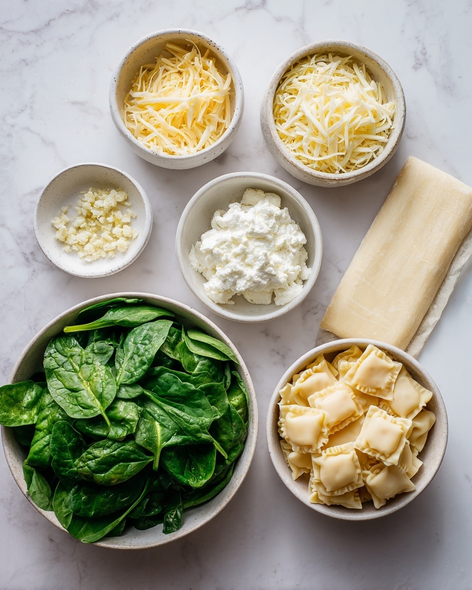 The image shows several ingredients for making a dish arranged on a white marbled surface. There is a large bowl filled with fresh green spinach in the bottom left. Next to it on the right is a rectangular sheet of light beige dough or pasta. Above these, there are small white bowls holding different ingredients: shredded cheese with a pale yellow color in the top left, a small amount of minced white garlic below the cheese, a bowl of white ricotta cheese in the middle, and a bowl of folded pale yellow pasta squares or dumplings on the right. The colors are soft with greens, whites, and light yellows presented clearly. The setup is bright and clean, ready for cooking. photo taken with an iphone --ar 4:5 --v 7