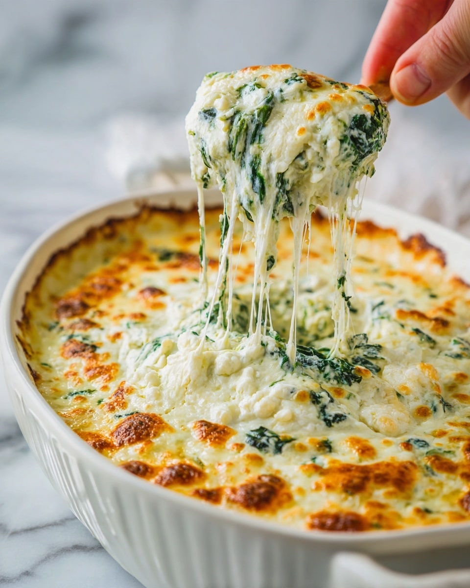 The image shows a white ceramic dish filled with a creamy spinach and cheese mixture. The top layer is light creamy white with melted cheese strings stretching as a woman's hand lifts a scoop. Dark green spinach leaves are visible under the cheese, mixed within the smooth, thick creamy sauce. The dish texture is soft and creamy with some bubbly cheese spots on the surface. The background is a white marbled surface. Photo taken with an iphone --ar 4:5 --v 7
