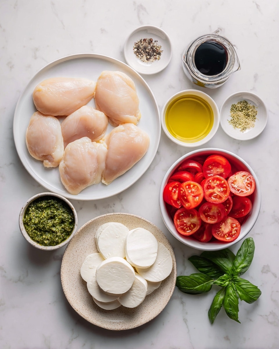 The image shows a clean top view of several ingredients arranged on a white marbled surface. On the left, a white plate holds five raw chicken fillets with smooth, pale pink skin. Nearby, smaller white dishes contain black pepper, olive oil with a golden yellow color, and a dark soy sauce in a bottle. To the right, a white bowl is full of bright red, round tomato slices neatly spread out. Below the tomatoes, a speckled beige plate is stacked with thick white mozzarella cheese slices. Next to that, a small white bowl contains green pesto sauce with a coarse texture. Around these main items are small bowls and dishes holding salt, minced garlic, mixed dried herbs, and fresh bright green basil leaves. The whole setup is bright, simple, and fresh-looking, photo taken with an iphone --ar 4:5 --v 7