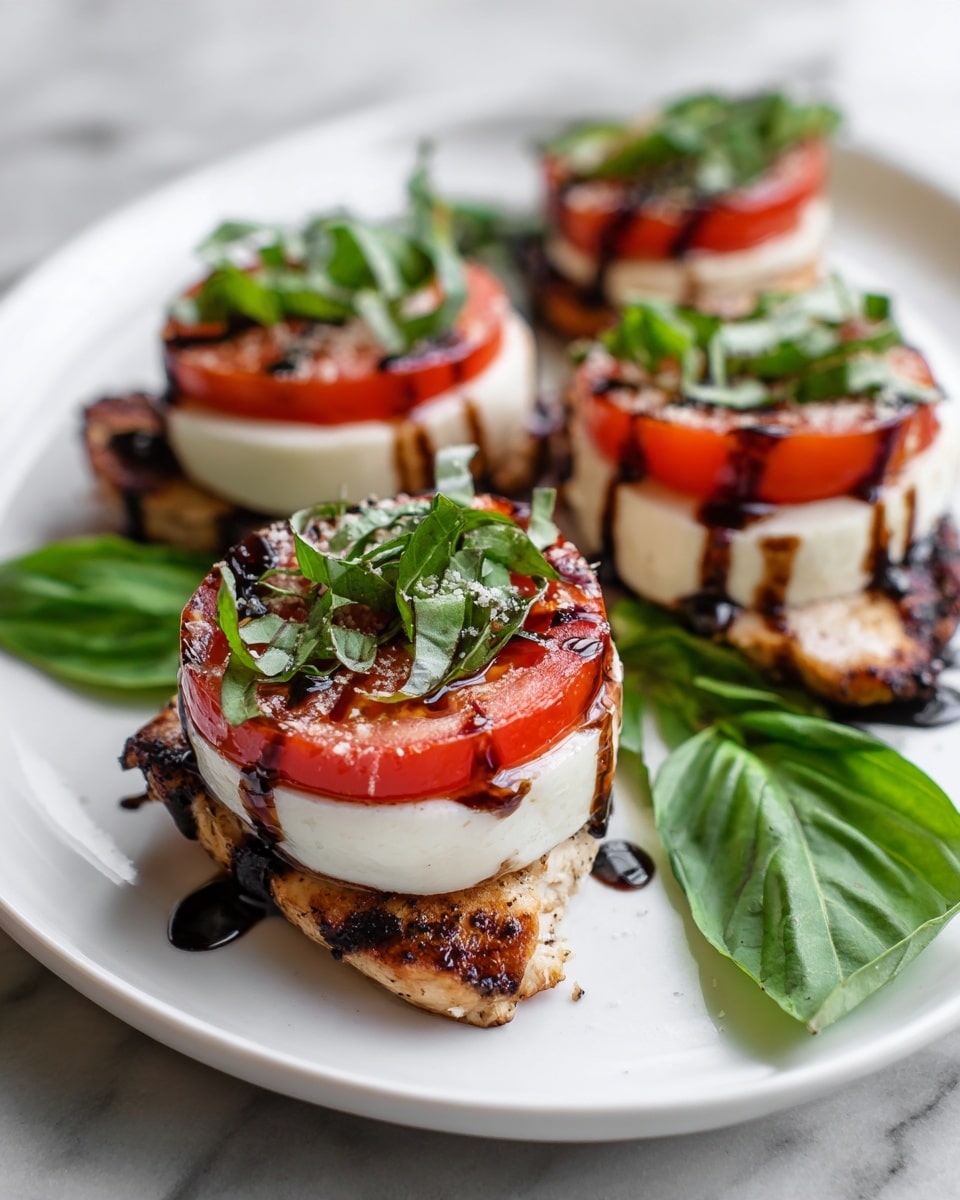 The image shows a white plate with three layers of food. The bottom layer is grilled chicken pieces with dark char lines. On top of each piece of chicken, there is a thick white slice of mozzarella cheese. Above the cheese, there is a bright red tomato slice. The tomato is topped with thin green basil leaves and sprinkled with small bits of salt or seasoning. A thick dark balsamic glaze is drizzled over the top layers, adding shine and contrast. There are extra green basil leaves on the side for decoration. The plate is placed on a white marbled surface. Photo taken with an iphone --ar 4:5 --v 7