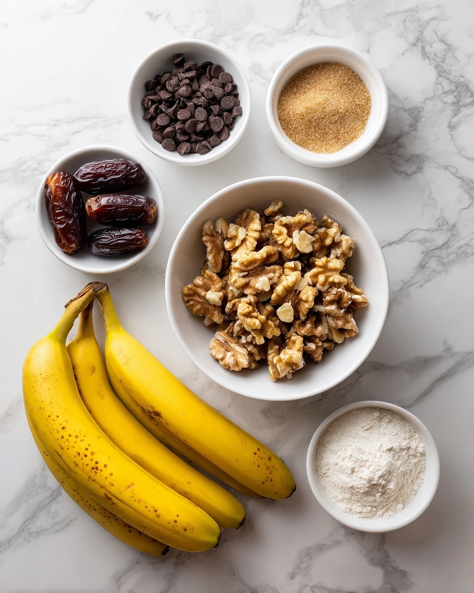 The image shows five white bowls arranged neatly on a white marbled surface. In the center is a large white bowl filled with chunky walnuts. Above it to the left is a small white bowl with dark chocolate chips, and to the right a small white bowl filled with brown sugar. At the bottom left, a small white bowl holds four dark dates, and at the bottom right, another small white bowl contains white flour. To the left of the bowls, three yellow ripe bananas with brown spots rest directly on the surface. Photo taken with an iphone --ar 4:5 --v 7