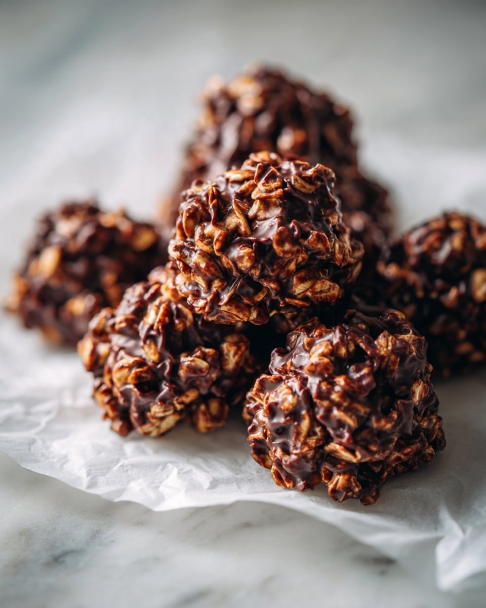 The image shows a group of round chocolate oat clusters arranged loosely on a sheet of white parchment paper, which sits on a flat surface with a white marbled texture. Each cluster has a rough, uneven texture with visible oats mixed into the dark chocolate base, creating a speckled look with shades of brown and tan. The clusters are small, slightly mound-shaped, and appear moist but firm, clustered closely in the center with others blurred softly in the background, giving a cozy and homemade feel. The lighting is bright and natural, emphasizing the texture and color contrast of the oats and chocolate photo taken with an iphone --ar 4:5 --v 7