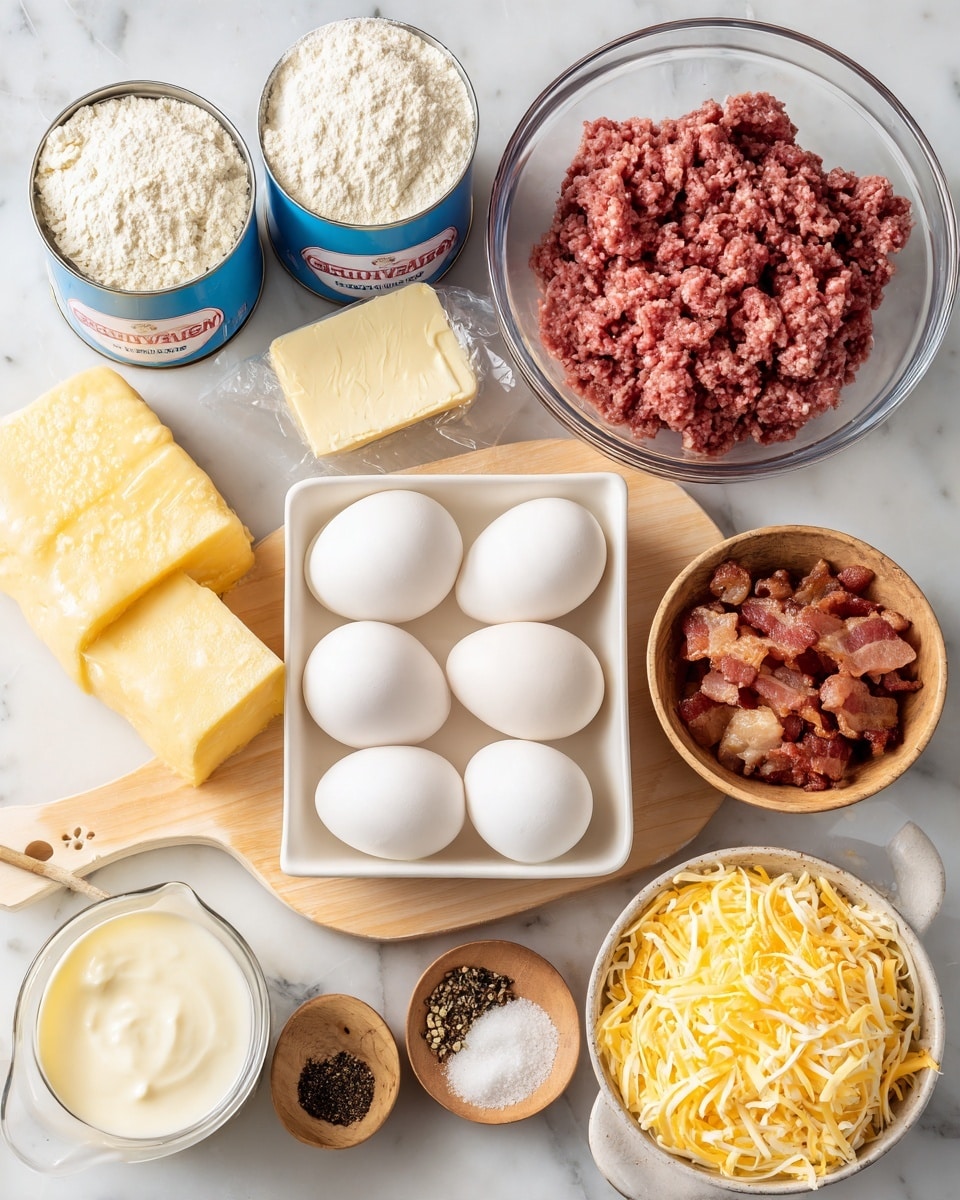 The image shows several cooking ingredients neatly arranged on a white marbled background. There are two blue and red cans of crescent dough sheets lying on their sides at the top left. Below them, a yellow and cream packet of country sausage flavor gravy mix is placed. In the center, there is a clear glass bowl with raw ground meat, and to the right, a white square bowl filled with cooked, chopped bacon pieces. Below the meat, six white eggs are arranged in two rows of three on a light wooden board. Next to the bacon bowl, two small wooden bowls contain black pepper and salt. At the bottom, a glass cup filled with cream and a larger clear bowl filled with shredded yellow and white cheese are visible. A small square piece of butter is placed nearby. Photo taken with an iphone --ar 4:5 --v 7