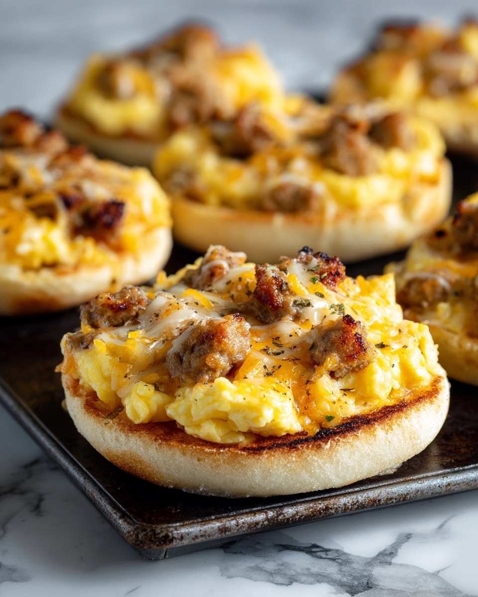 A toasted English muffin with a slightly golden, crispy bottom forms the base layer, topped with scrambled eggs that are soft and bright yellow with a fluffy texture. Scattered chunks of browned sausage sit on top of the eggs, mixed with melted shredded cheese that is a mix of creamy white and golden yellow, slightly stringy and melting over the edges. Several similar pieces are visible in the background on a dark baking tray, all with the same layered look. The setting is on a white marbled surface. photo taken with an iphone --ar 4:5 --v 7