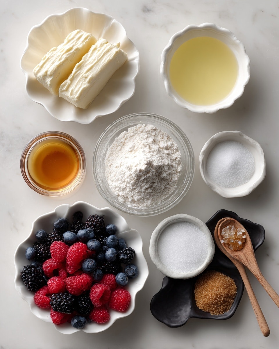 A top-down view of various baking ingredients in small white scalloped bowls and a clear glass bowl arranged on a white marbled surface. The top left bowl holds two thick slices of white solid fat, the bowl next to it on the right has a pale yellow liquid, and the bowl to the right contains a white liquid. Below these is a clear glass bowl filled with white flour. To the bottom left, a scalloped white bowl is filled with fresh red raspberries, blackberries, and blueberries. At the bottom right, a sectioned black dish holds granulated white sugar in one side and brown sugar on the other side. There is also a small wooden spoon with white powder, a small bowl with coarse white salt, and two small white bowls holding amber liquids. The soft natural lighting highlights the textures and colors of the ingredients. Photo taken with an iphone --ar 4:5 --v 7