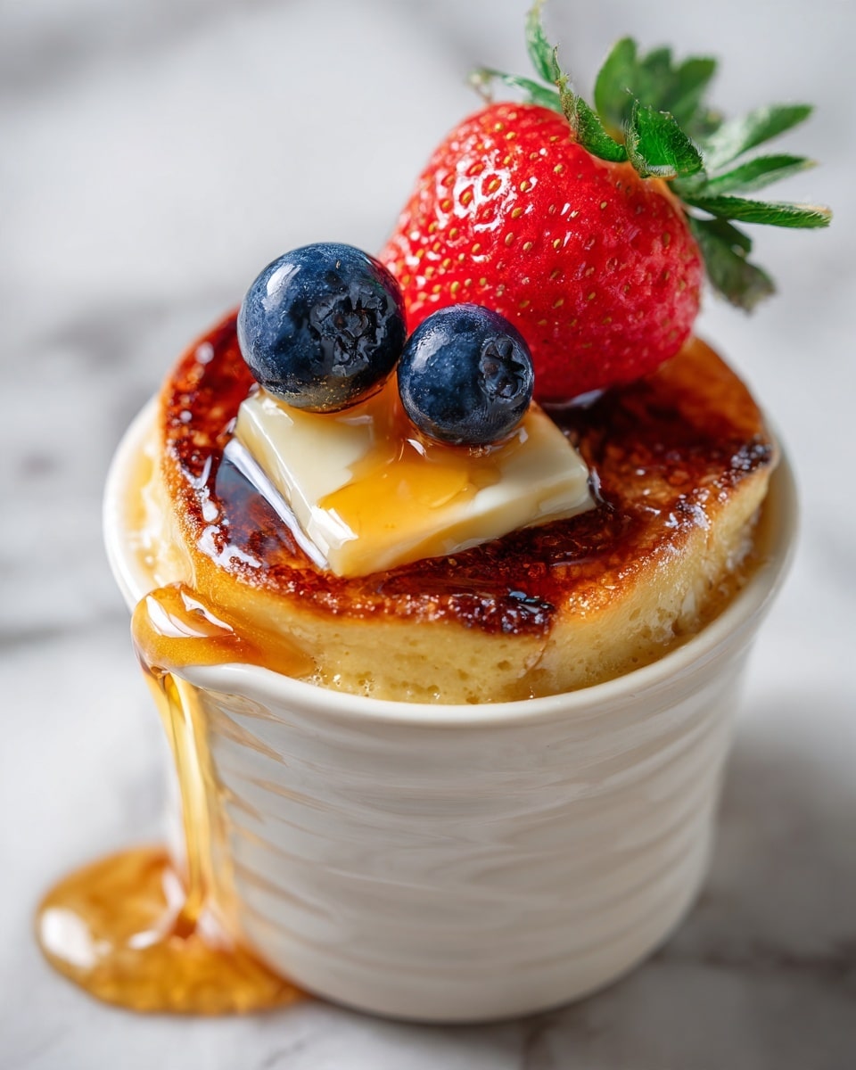 A white cup filled with a golden brown pancake layer topped with a square piece of melting butter drizzled with honey. On the top edge of the pancake, there is a bright red strawberry with a green leaf and two plump, dark blue blueberries. One blueberry is placed slightly inside the cup, and another blueberry sits on the white marbled surface outside the cup in the background. Honey is dripping down the side of the cup. Photo taken with an iphone --ar 4:5 --v 7