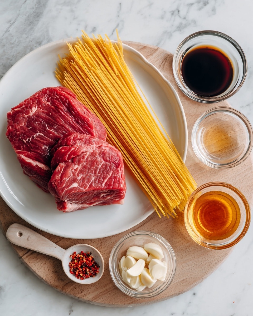 The image shows a white round plate on a white marbled surface. On the plate, there is a piece of raw red meat with visible muscle texture on the left side and a bundle of uncooked yellow spaghetti noodles lying flat on the right side. Surrounding the plate on a wooden board are several small glass containers: at the top right, some liquid reddish-brown sauce, below it, a dark soy-colored sauce, on the left, a small spoon with red chili flakes, and a small bowl with peeled white garlic cloves. A woman's hand is not visible but implied as a detail of the setting. Photo taken with an iphone --ar 4:5 --v 7