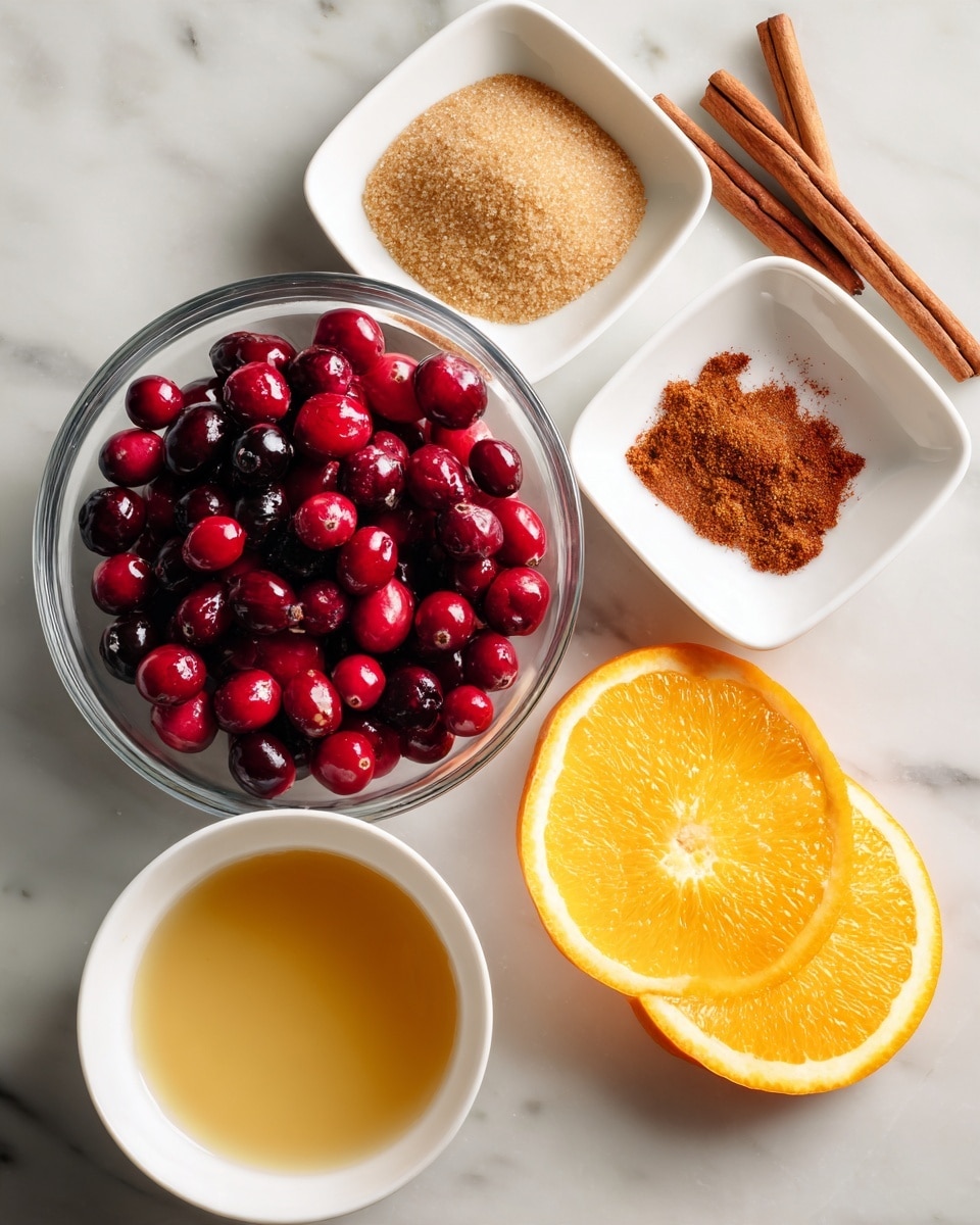 A clear glass bowl filled with bright red and dark cranberries sits on a white marbled surface; around it are two slices of fresh orange with vibrant yellow-orange color placed at the bottom right, a white bowl of light golden juice at the bottom left, a white bowl of brown sugar with a rough texture near the center left, and two white square dishes at the top—one containing a small pile of orange-brown powder and the other holding two small piles of powder, one dark brown and the other light beige; near the top right are two cinnamon sticks resting on the white marbled surface. Photo taken with an iphone --ar 4:5 --v 7