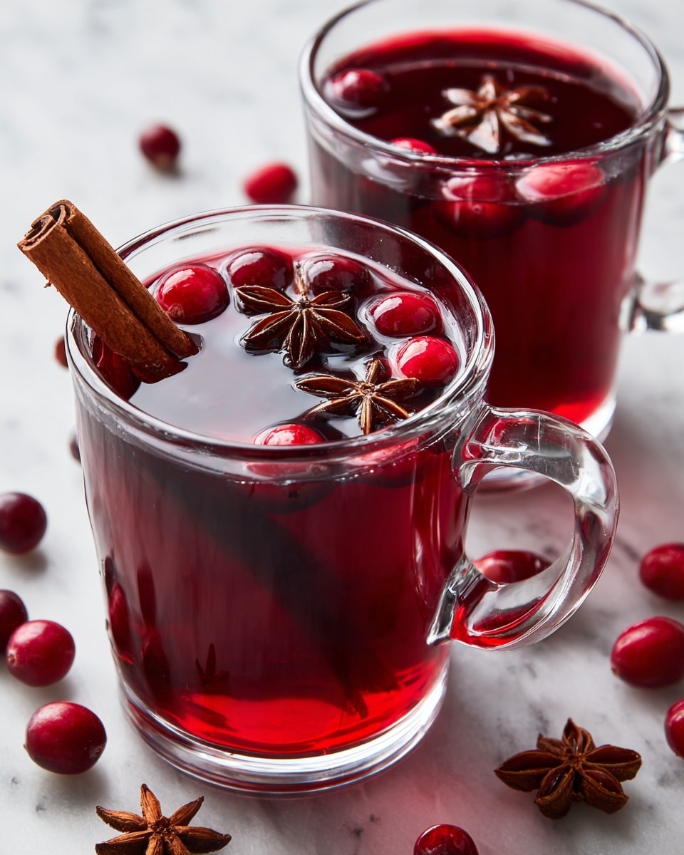 The image shows two clear glass mugs filled with a warm deep red drink. Each mug has a cinnamon stick and small star anise pieces floating on the surface, with some bright red cranberries also visible inside the drink. Around the mugs are scattered whole cranberries and star anise on a white marbled surface. The warm drink’s surface is smooth, with a slight shine from the clear glass. The lighting highlights the rich red color, making the scene look cozy and inviting. Photo taken with an iphone --ar 4:5 --v 7