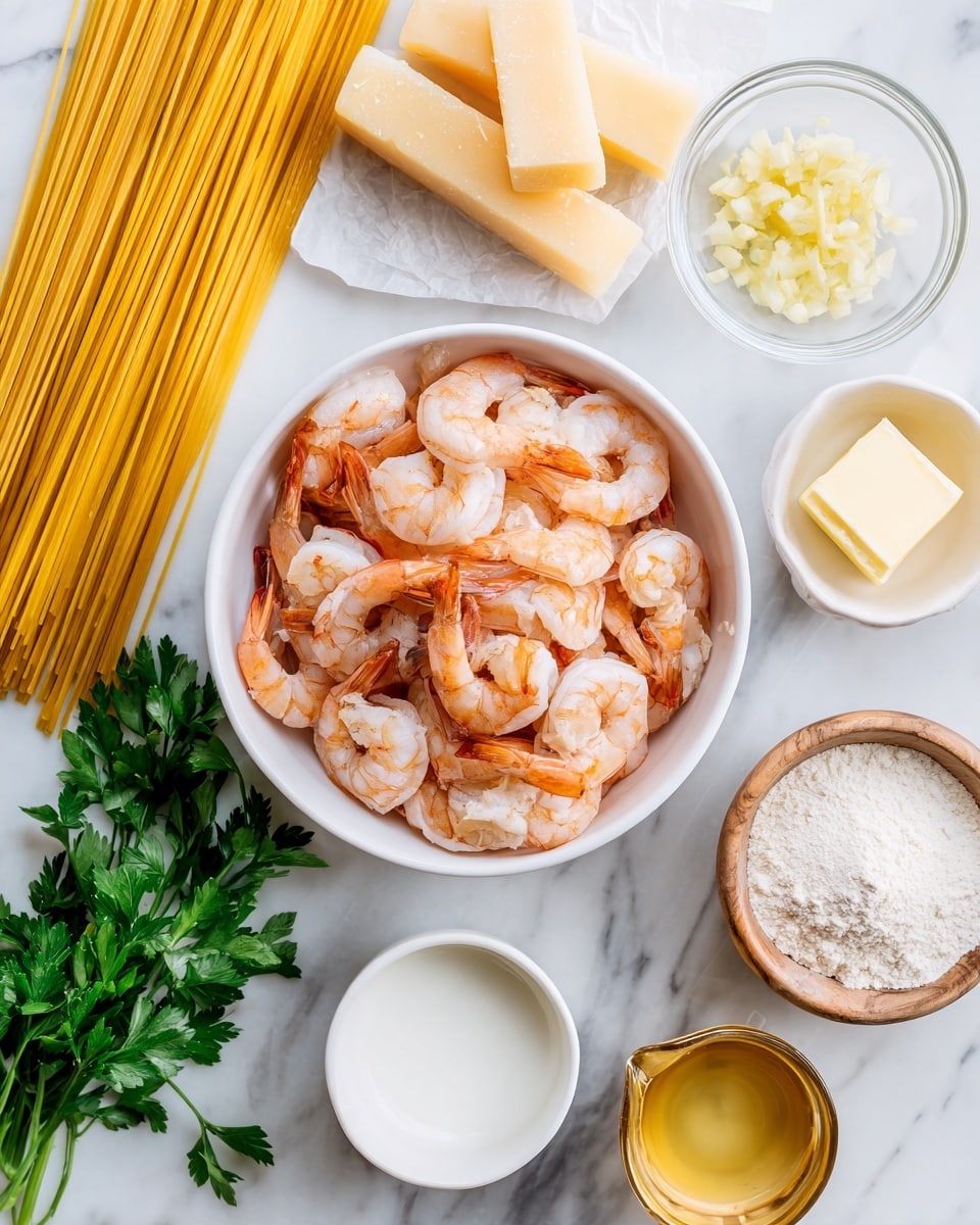 A white bowl filled with pink and orange shrimp sits in the center of a white marbled surface. To the left of the bowl, a bundle of uncooked yellow spaghetti lies vertically. Above the bowl, two pieces of light yellow Parmesan cheese rest. To the upper right of the bowl, a small clear bowl holds chopped pale yellow garlic. Below the garlic, a small white bowl contains a square of butter. Near the bottom right, a small gold cup with a light yellow liquid sits next to a small wooden bowl filled with white flour. At the bottom center, a small white bowl contains a white liquid, possibly milk. A bunch of fresh green parsley is placed at the top left. photo taken with an iphone --ar 4:5 --v 7