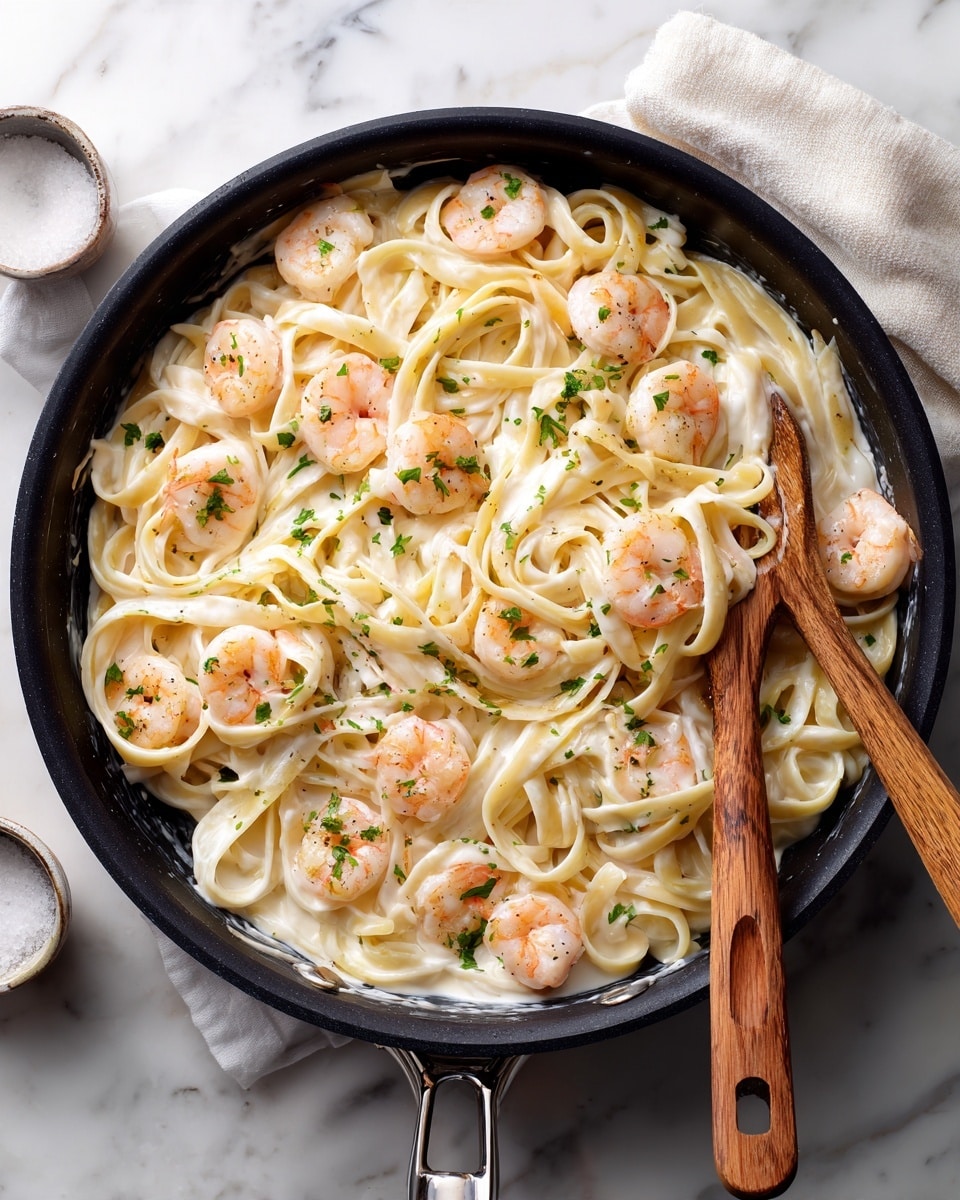 A black pan filled with creamy white fettuccine pasta mixed with plump, pink shrimp scattered throughout. The pasta is coated in a smooth, thick white sauce, with small green parsley leaves sprinkled on top for color. Some pasta strands are curled into small loops, and the shrimp are slightly curled with a firm texture. Two wooden-handled utensils lie on top of the pasta inside the pan. The pan sits on a white marbled surface with a cloth and small containers partially visible at the edges. photo taken with an iphone --ar 4:5 --v 7