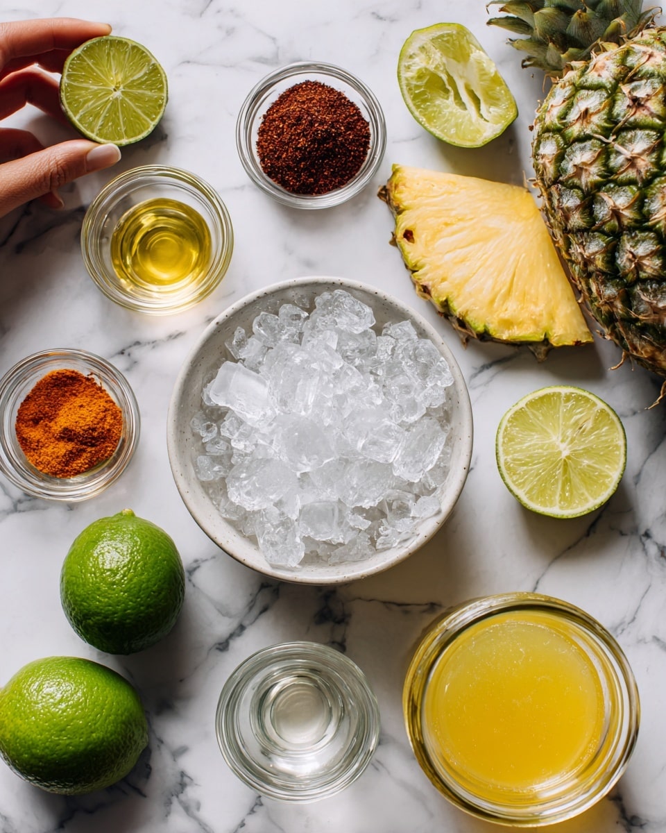 The image shows several ingredients laid out on a white marbled surface. There is a white bowl in the center filled with crushed ice. Surrounding the bowl are various small glass containers holding liquids and powders, such as a dark red-brown spice, clear liquid, and yellow juice. Two green limes and several lime wedges are placed near the bowl. There is a large glass jar half-filled with a yellow liquid on the right side and a large triangular pineapple slice next to it. A woman's hand holding a lime wedge is visible near the top left corner. The overall scene is clean and bright with soft natural light. photo taken with an iphone --ar 4:5 --v 7