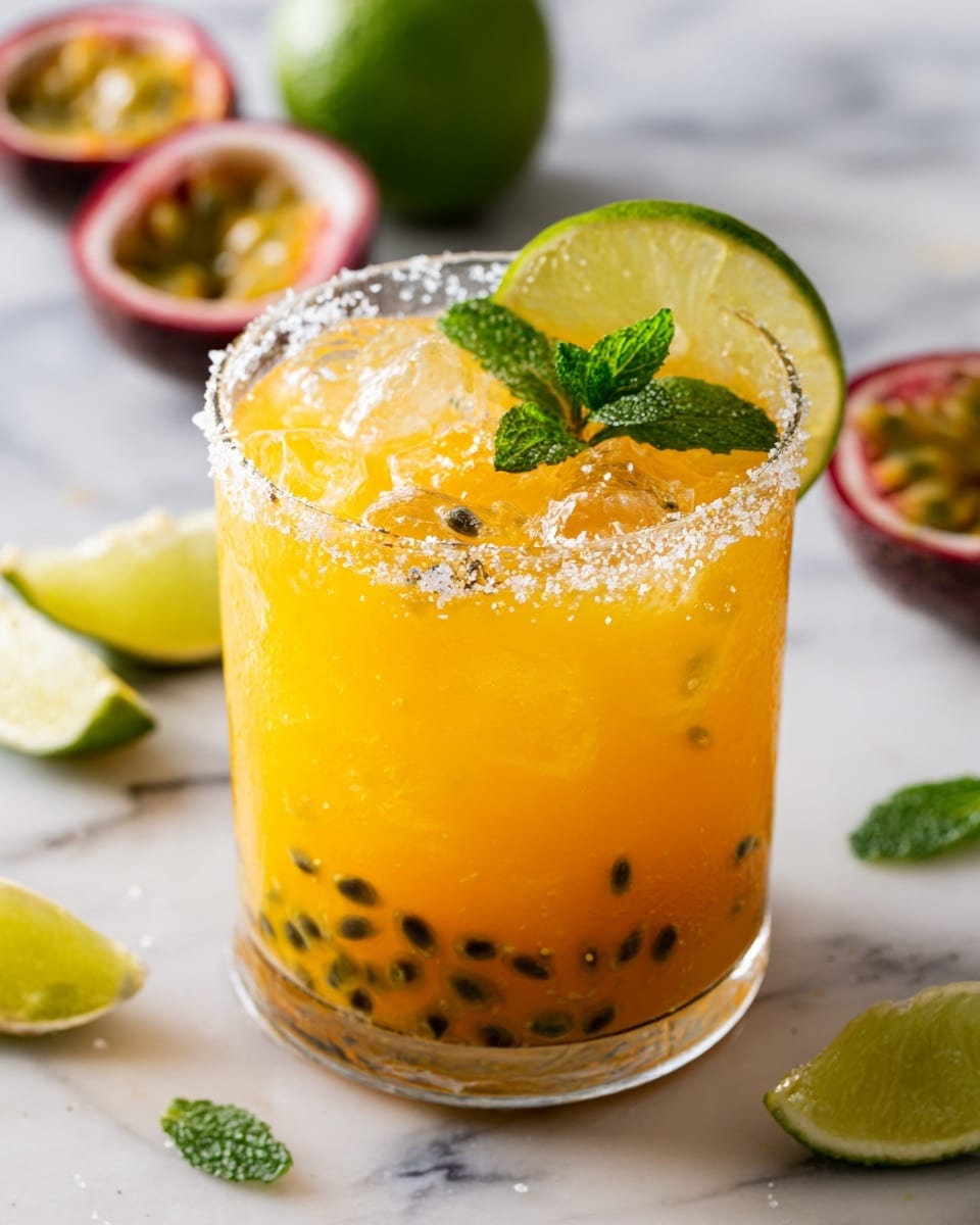 A clear glass filled with bright orange-yellow drink, containing large ice cubes floating inside. The top layer has a thin salt rim around the glass edge. Inside the drink, there are visible black seeds, a green lime slice, and a small sprig of fresh green mint on the surface. The glass rests on a white marbled surface with scattered green lime wedges and halved passion fruits in the background. Photo taken with an iphone --ar 4:5 --v 7