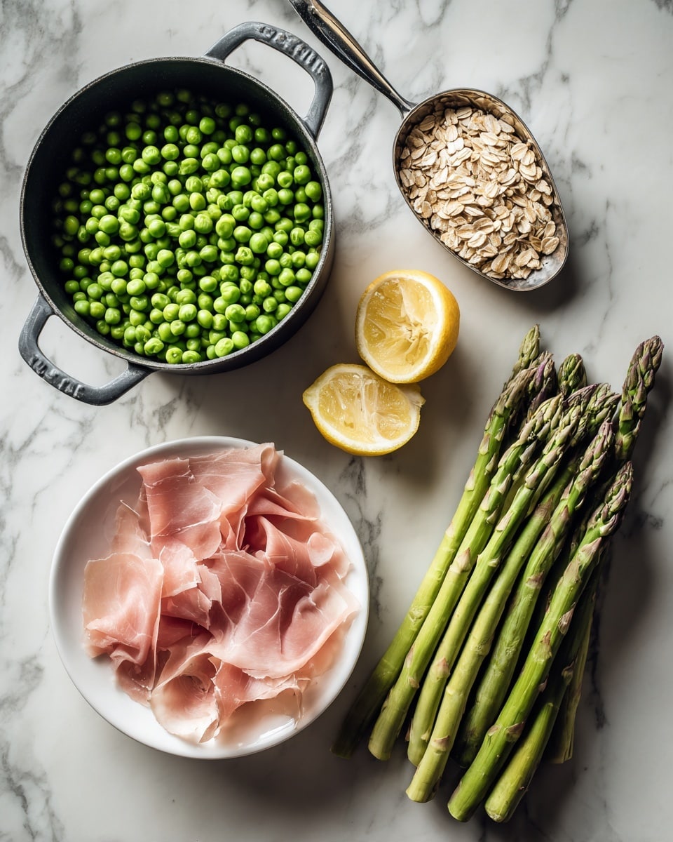 The image shows fresh ingredients arranged on a white marbled surface. In the top left, there is a black pot filled with bright green peas. Next to it, a silver scoop holds light brown rolled oats. To the right, two lemon halves rest closely. Below, a white bowl contains thin slices of pale pink prosciutto. On the far right, a bunch of green asparagus spears lay diagonally. The colors range from vibrant greens to soft pinks and light yellow against the white marbled background. Photo taken with an iphone --ar 4:5 --v 7