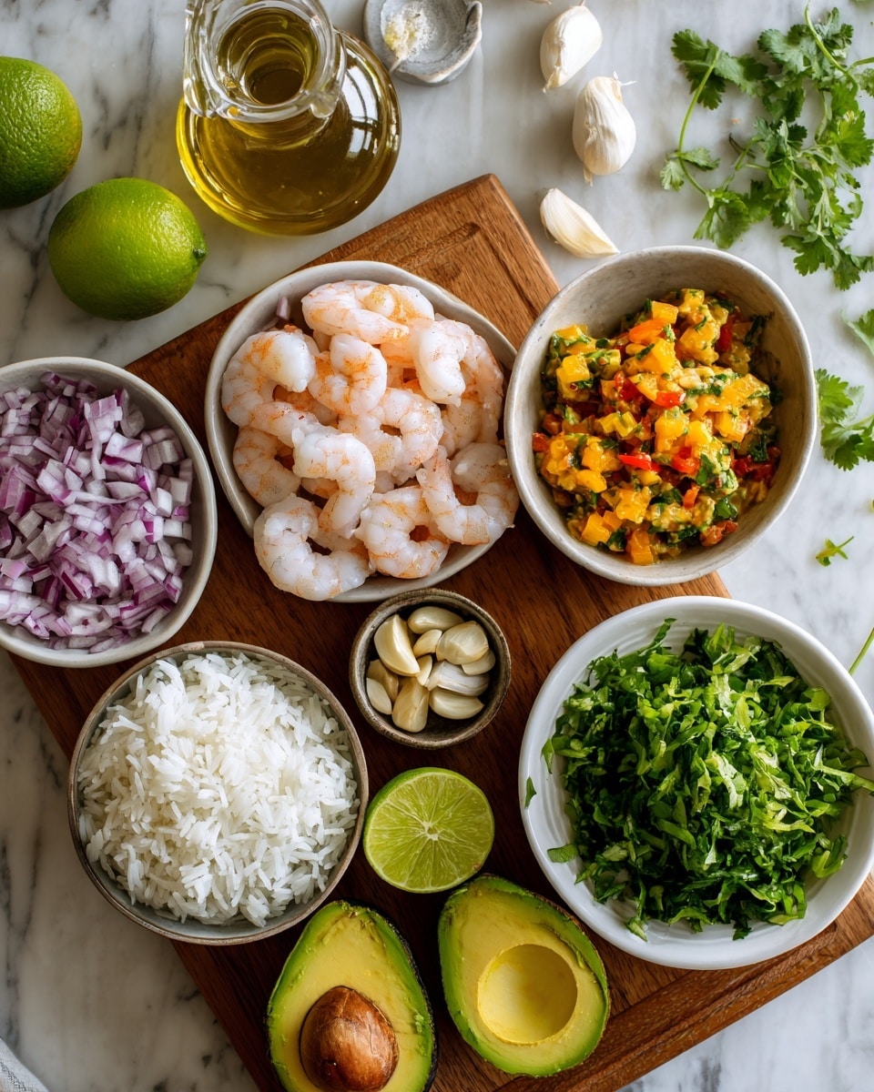The image shows a white bowl filled with raw, peeled shrimp sitting near the center. Around it, there are several bowls with different ingredients: one bowl contains chopped red onion, another has white rice, and a third holds a yellow and orange chunky salsa with green herbs. Two halves of an avocado with the seed in one half are placed on a wooden board, alongside finely chopped orange peppers. Half a lime with a fresh, green color is also on the board. To the right side, a white bowl is piled high with green chopped lettuce. At the top, there is a glass bottle of yellow olive oil, garlic cloves, and fresh green herbs scattered on a white marbled surface. The scene looks colorful and fresh, with everything arranged neatly. Photo taken with an iphone --ar 4:5 --v 7