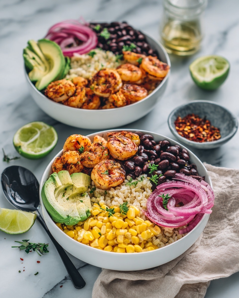 Two white bowls filled with layers of food sit on a white marbled surface. Each bowl has a base of brown rice covered with orange grilled shrimp arranged on one side. Next to the shrimp are sections of black beans, bright yellow corn, sliced avocado, and halved cherry tomatoes. On top, there are thin pink pickled onions and a half lime wedge placed on the edge. Some green herbs are sprinkled over everything. A black spoon rests inside one bowl, and a small gray bowl with red chili flakes sits nearby on a light cloth. Photo taken with an iphone --ar 4:5 --v 7