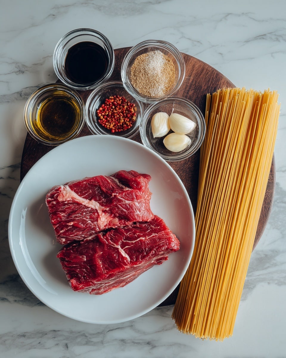 A white plate placed on a dark wooden board holds two main items: a piece of raw red meat with a slightly marbled texture on the bottom half, and a bundle of uncooked long pasta standing upright on the right side of the plate. Around the plate, small clear glass containers hold different ingredients: one with a dark liquid, another with a light brown powder, a third with a light brown liquid, a fourth with small red pepper flakes, and a fifth with three peeled garlic cloves. The entire setup sits on a white marbled surface. photo taken with an iphone --ar 4:5 --v 7
