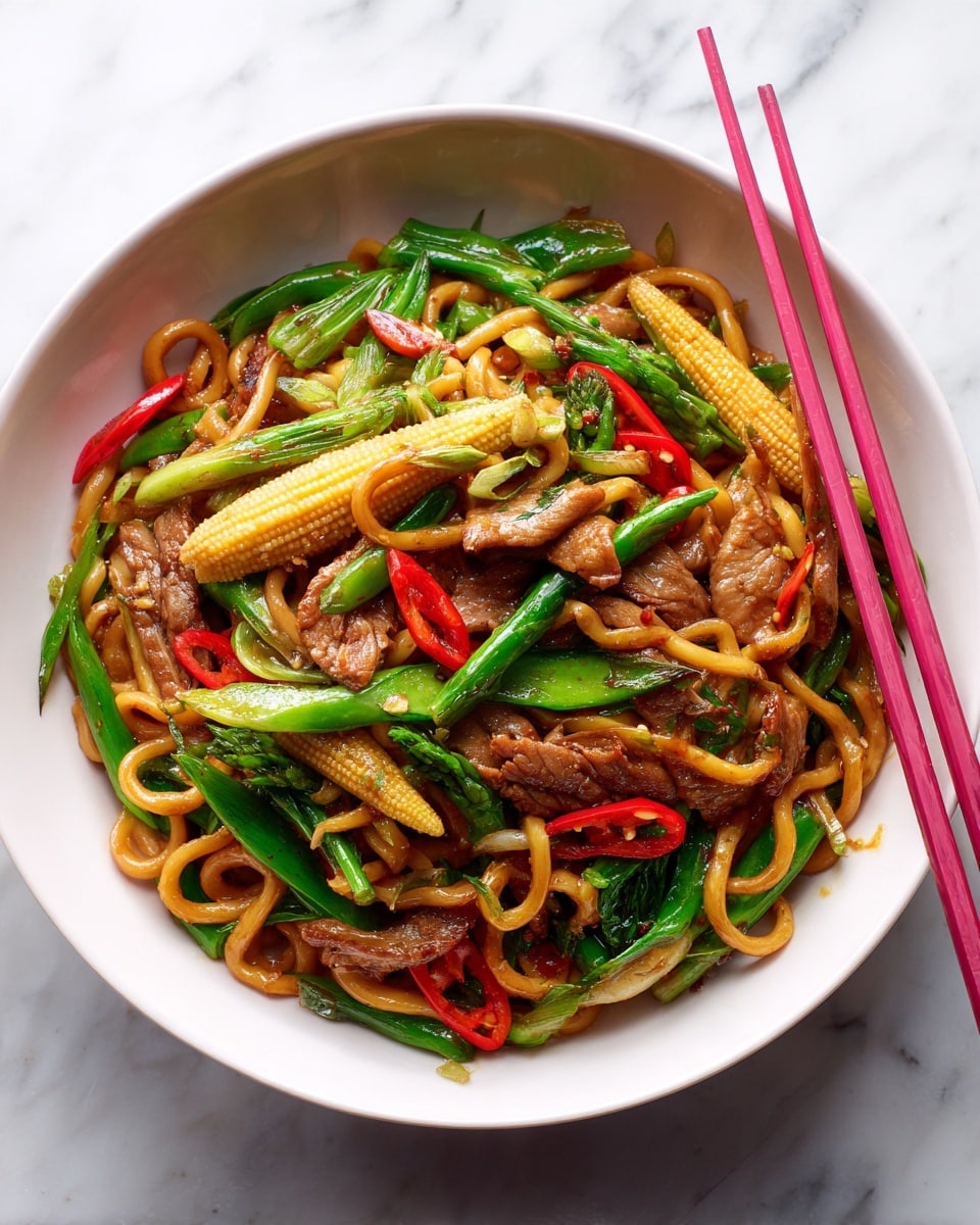 The image shows a white bowl filled with a colorful stir-fry dish. There are thick, curly light brown noodles mixed with slices of bright green vegetables, baby corn, and red chili pieces. Dark brown strips of meat are scattered throughout, giving texture to the dish. The bowl is placed on a white marbled surface, and a pair of pink chopsticks rest on the rim of the bowl. The overall look is vibrant and fresh with a mix of smooth noodles and crunchy vegetables. Photo taken with an iphone --ar 4:5 --v 7