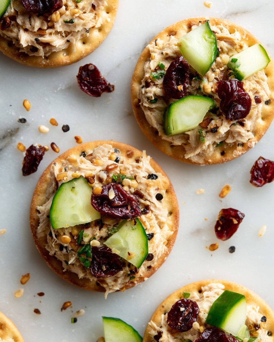 A close-up view of round crackers topped with a layered mix of shredded light brown tuna, dark red dried cranberries, and small chunks of green cucumber, arranged on a white marbled surface sprinkled with black and tan mustard seeds and small peper flakes. Each cracker shows a clear three-layer count with the cracker base in light golden brown, the tuna layer textured and slightly moist, and the contrasting fresh cucumber and dried cranberry pieces on top. The overall setting has an inviting, fresh snack look with details of crumbs and seeds scattered around. Photo taken with an iphone --ar 4:5 --v 7