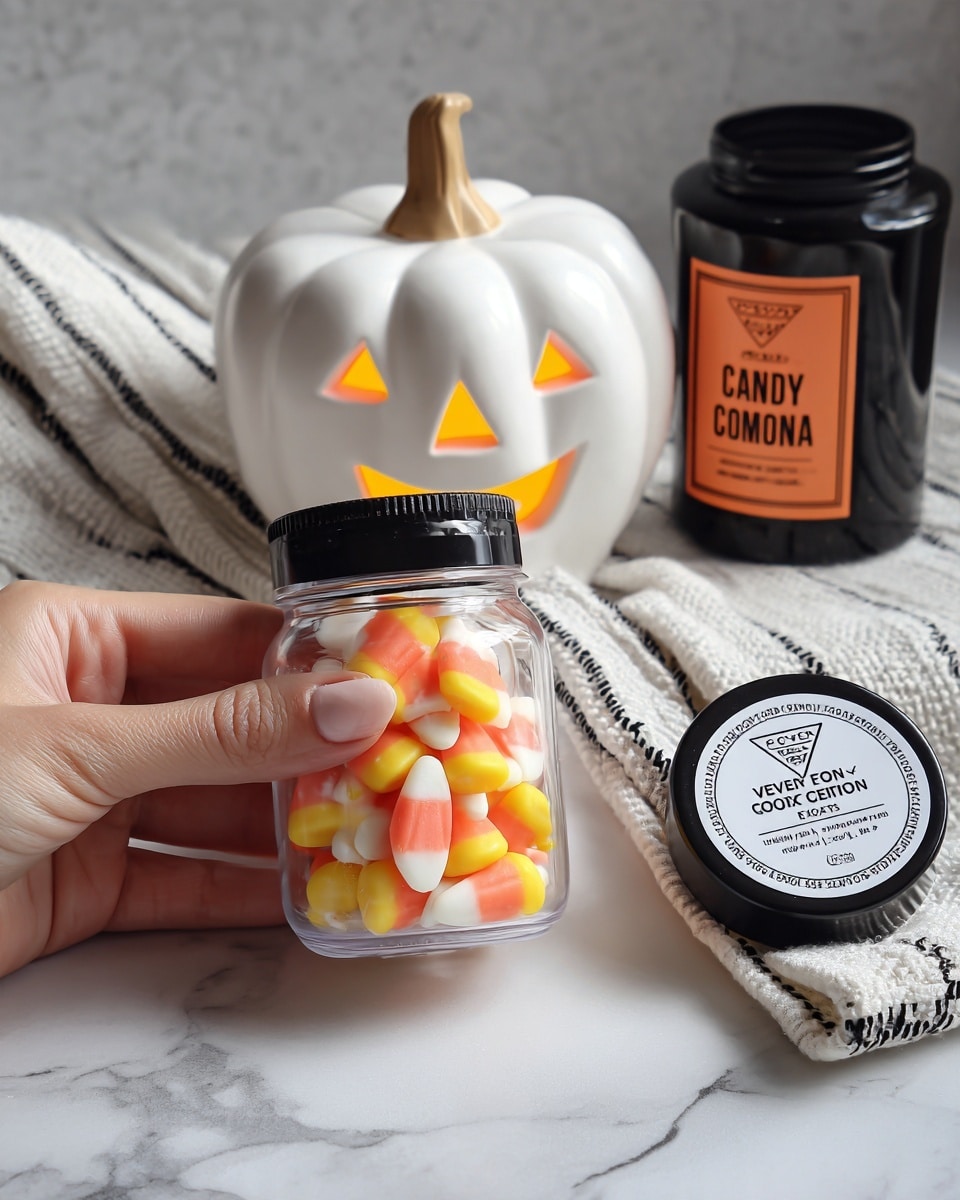 A woman's hand holds a small clear container filled with bright candy corn pieces, each with three layers of color: yellow at the bottom, orange in the middle, and white on top, showing a smooth, slightly shiny texture. The container lid, placed nearby on a white marbled surface, has a black and white label that reads