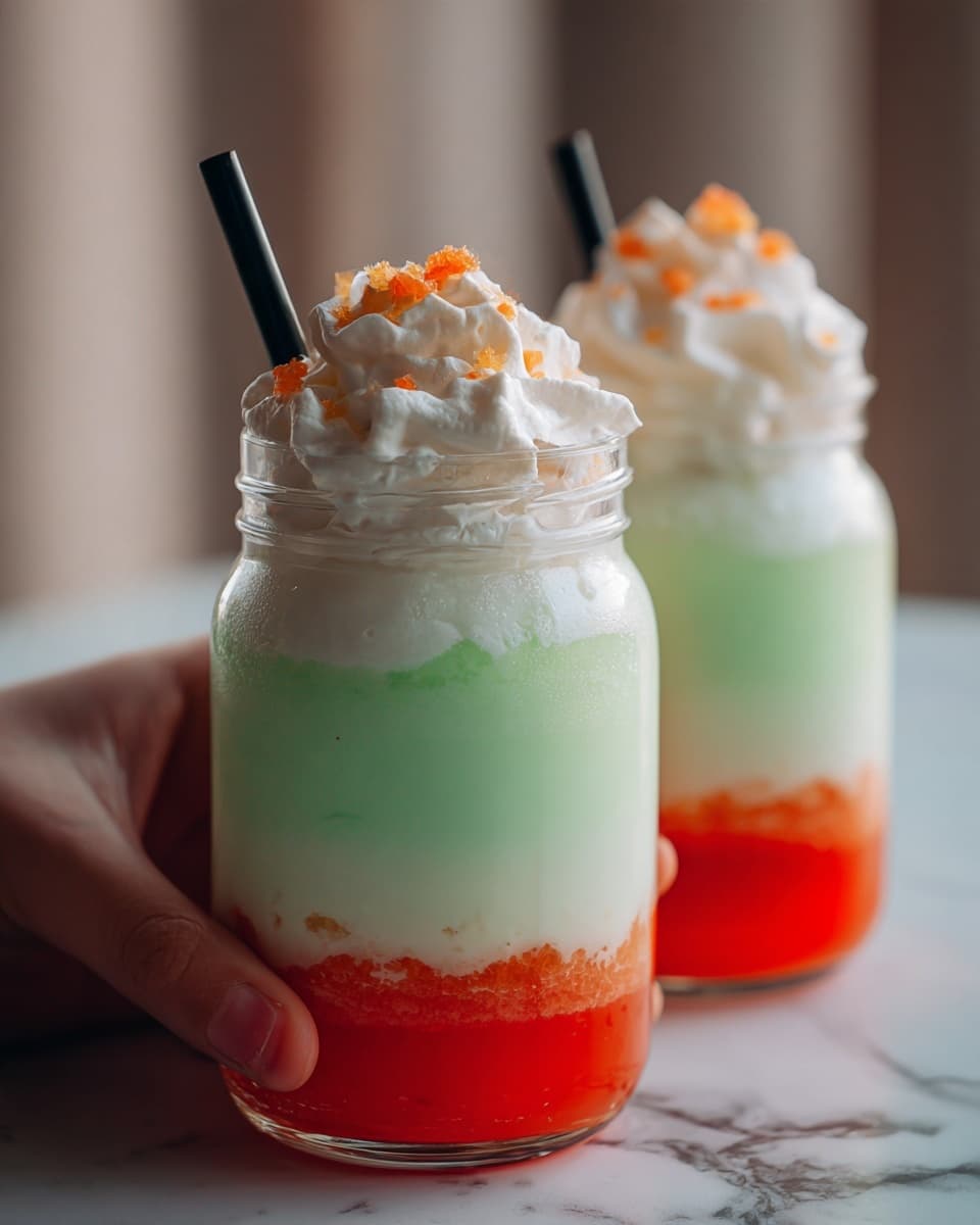 Two clear glass jars filled with three distinct layers of a drink, placed on a white marbled surface. The bottom layer is a bright red liquid, smooth and vibrant, filling about half the jar. Above it, a pale green layer forms a thick middle, creamy and soft in texture. The top layer is a white whipped cream with a fluffy texture, sprinkled lightly with small orange pieces. Each jar has a black straw poking through the whipped cream, and a woman's hand is holding the jar in front. The background is softly blurred, highlighting the colorful layers. photo taken with an iphone --ar 4:5 --v 7
