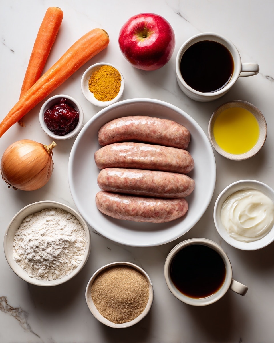 The image shows various raw cooking ingredients arranged neatly on a white marbled surface. In the center, there is a white bowl filled with five whole sausages that have a smooth, pinkish texture. Surrounding the bowl are small white bowls and items: bright orange carrot on the left, light brown brown sugar in a bowl, a dark red paste in another bowl, two small brown onions, a whole red apple, white flour in a bowl, white cream or yogurt in a larger bowl, a small amount of yellow mustard powder, clear honey, and yellow cooking oil. Two cups of black coffee or dark liquid sit at the top. The colors range from orange, pink, brown, red, white, and yellow, with the bowls arranged evenly across the countertop. A woman’s hand is not visible but implied to be gently holding one of the items. The lighting is soft and even. photo taken with an iphone --ar 4:5 --v 7