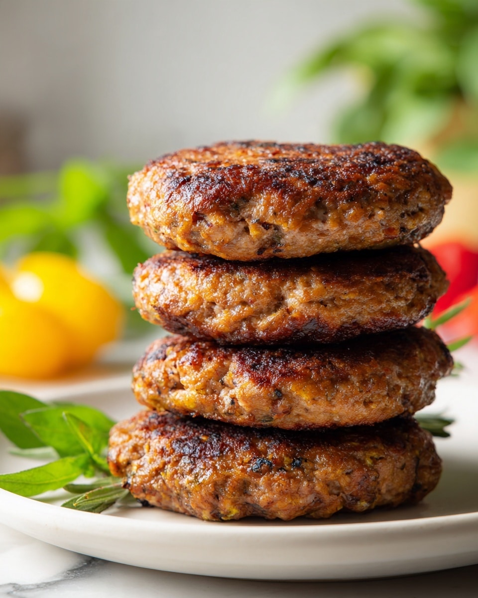 Four cooked burger patties with a brown, slightly crispy texture on the outside are stacked closely together on a simple white plate. The patties have a rough, uneven surface showing the cooked meat fibers and small grill marks. In the background, there are blurred colorful elements including yellow and red items, and fresh green leafy herbs, all placed on a white marbled texture. Photo taken with an iphone --ar 4:5 --v 7