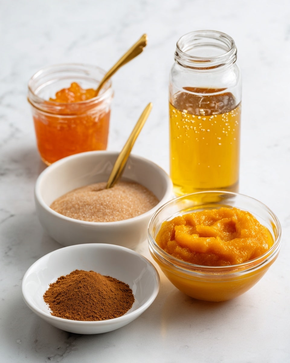 The image shows four small white bowls and a glass jar on a white marbled surface. The first bowl on the left holds bright orange jam with a small gold spoon resting inside. Next to it is a bowl filled with light brown sugar, showing a slightly uneven texture. In front of these two, a smaller white bowl contains finely ground cinnamon powder, darker brown in color. To the far right, there is a clear glass bowl filled with smooth, vibrant orange pumpkin puree. Behind this bowl is a tall glass jar filled with a golden liquid, possibly honey or syrup, with some bubbles near the top. photo taken with an iphone --ar 4:5 --v 7