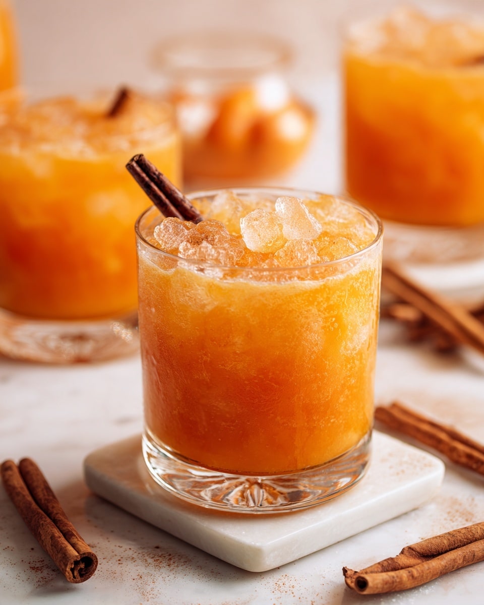 A close-up of a round clear glass filled with crushed ice and a thick orange drink with a slightly cloudy texture. On top, there is one dark brown cinnamon stick lying across the drink. The glass is placed on a small white square plate on a white marbled surface. In the background, more glasses with the same orange drink and cinnamon sticks are slightly out of focus, along with some cinnamon sticks lying flat on the surface. The lighting is warm and bright, highlighting the ice and the colors lightly. Photo taken with an iphone --ar 4:5 --v 7