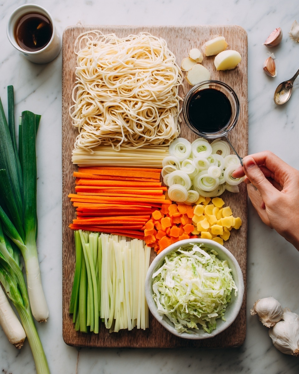 The image shows a white wooden board with several layers of colorful vegetables neatly placed. On the left, there is a white bowl filled with plain cooked noodles that are pale yellow and smooth in texture. In front of the noodles, there are long green onion stalks and bright orange carrot sticks cut into thin, even slices arranged on the board and some scattered around. To the right side, there are two piles of thinly sliced white onion and light green celery, with a small white bowl filled with shredded pale green cabbage sitting between them. A small glass container of dark soy sauce with a spoon inside sits at the top right corner. Around the board, there are scattered cloves of garlic, a whole carrot, a whole yellow onion, and some green vegetable stalks. A woman's hand just touches the carrot sticks. All of this is set against a white marbled table surface photo taken with an iphone --ar 4:5 --v 7