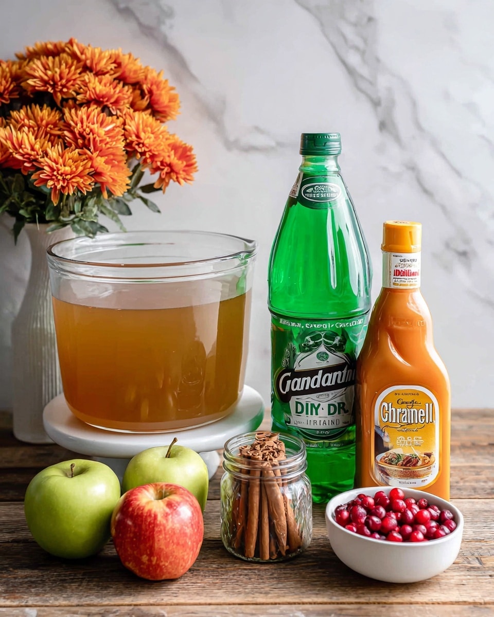 A collection of ingredients is arranged on a wooden surface with a white marbled wall in the background. On the left, a large clear glass bowl sits on a white stand. Next to it, a one-gallon jug of old fashioned apple cider with a light brown color and a yellow label is placed. In front of the jug, there are two apples, one green and one red. To the right of the apples, a small glass jar holds several sticks of cinnamon, showing their brown, woody texture. Behind the jar is a tall green bottle of Canada Dry ginger ale with a white cap and a green label. On the far right, an orange bottle of Ghirardelli caramel sauce stands with its label visible. In front of the caramel bottle, a small white bowl holds bright red cranberries. Above, orange artificial flowers add a pop of color from the top right corner. photo taken with an iphone --ar 4:5 --v 7
