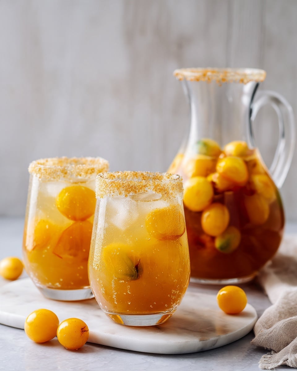 This image shows two clear glasses filled with a light brown drink, each topped with small pieces of yellow fruit. The rims of the glasses are coated with a crumbly golden sugar. Behind the glasses, there is a large clear pitcher filled with the same drink and more fruit pieces floating inside. The glasses and pitcher are placed on a white marbled surface, with a white wooden background behind them. The lighting is soft, making the drink look refreshing and inviting. photo taken with an iphone --ar 4:5 --v 7