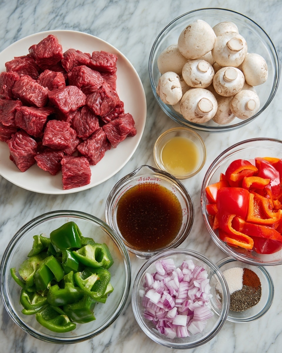 On a white marbled surface, there is a white plate on the top left filled with medium-sized red beef cubes. To the right, a clear measuring cup with a light yellow liquid sits next to a glass bowl full of whole white mushrooms that have light brown spots. Below, another glass bowl holds large green bell pepper pieces, while adjacent to it is a bowl of chopped purple onion with white edges. In the center, there is a clear measuring cup filled with a dark brown liquid suspended above four small glass bowls containing a dark brown sauce, crushed pepper, white salt, and chopped white garlic. To the right, a glass bowl contains large red bell pepper chunks. photo taken with an iphone --ar 4:5 --v 7