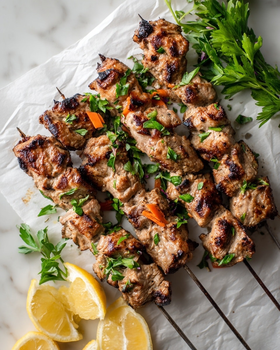The image shows six metal skewers of grilled meat pieces, arranged closely on white parchment paper over a white marbled surface. The meat is light brown with dark grill marks and small bits of orange carrot between the pieces. Fresh green herb leaves are scattered on top and around the skewers. To the left side of the skewers are thin slices of lemon, and to the right, a small bunch of fresh herbs. The light is bright and natural, highlighting the texture and colors of the grilled meat, herbs, and lemon slices. Photo taken with an iphone --ar 4:5 --v 7