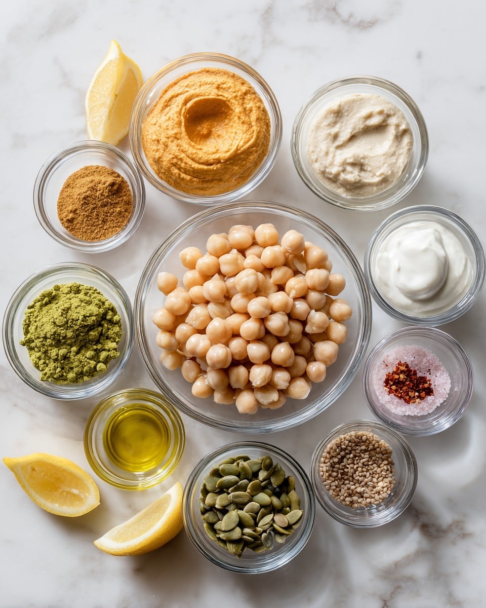 A white marble surface holds nine small clear glass bowls arranged in a loose circle. The biggest bowl in the middle is filled with round, pale beige chickpeas. Surrounding it, clockwise from top left, are bowls with orange hummus, light brown tahini sauce, green pumpkin seeds, red spices, pink salt, golden olive oil, white yogurt, and brown cumin seeds. There are also two lemon halves on the bottom left. The scene is bright and clean, with soft shadows, photo taken with an iphone --ar 4:5 --v 7