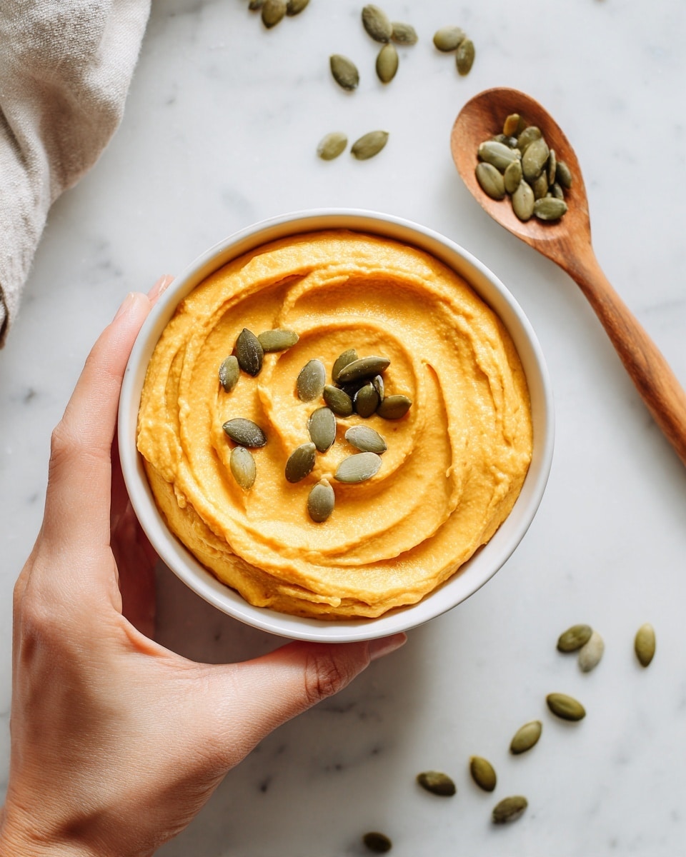 The image shows a small white bowl filled with smooth, creamy orange hummus topped with a few green pumpkin seeds scattered on the surface. The hummus has a slightly swirled texture on top, giving it a fresh and soft look. Around the bowl, there are some pumpkin seeds scattered on a white marbled surface. Part of a woman's hand is visible in the top left corner, gently holding the edge of the bowl. A wooden spoon with light seeds sits nearby on the right side of the image. photo taken with an iphone --ar 4:5 --v 7