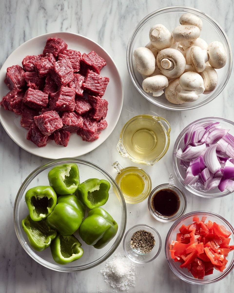 The image shows several bowls and plates of ingredients placed on a white marbled surface. The top left features a white plate filled with red raw beef chunks, textured and coarsely cut. To the top right, a clear glass bowl contains whole white mushrooms with smooth rounded tops. Below the beef plate, a clear glass bowl holds large pieces of green bell peppers with shiny, smooth surfaces. Next to it, a smaller clear glass bowl contains quartered purple-red onion pieces with layered texture. In the middle, two glass measuring cups hold light yellow cooking oil and a dark brown liquid sauce, placed beside a small glass container with black pepper, and another with a pale yellow liquid. To the right, a small clear bowl holds cut red bell pepper pieces, and another has finely chopped garlic. There is a small white salt pile on the surface near the garlic. Everything is neatly arranged and clearly visible. Photo taken with an iphone --ar 4:5 --v 7