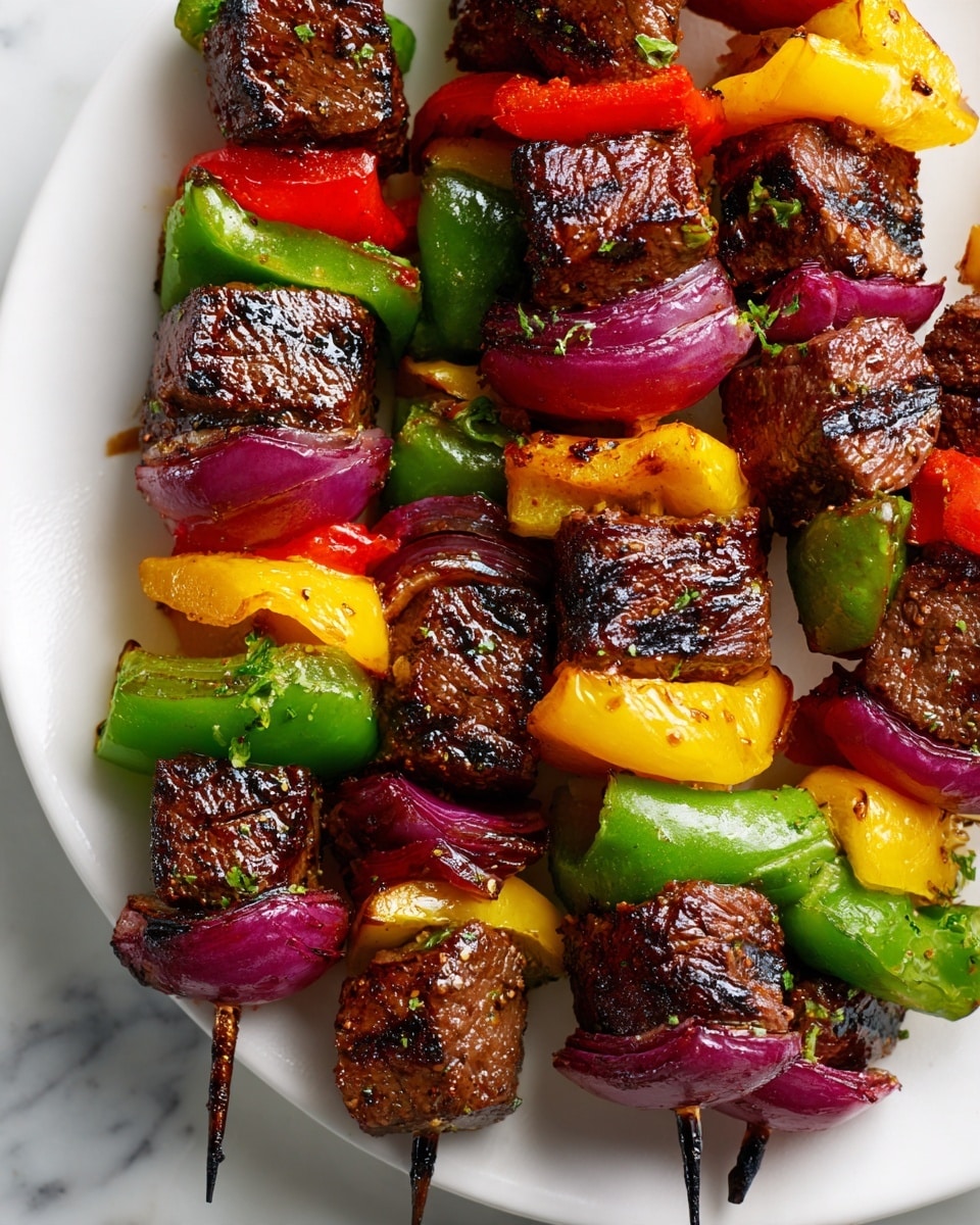 The image shows several grilled skewers resting on a white plate, placed on a white marbled surface. Each skewer contains multiple layers, starting with dark brown grilled beef cubes that have a slightly crispy texture. These beef pieces alternate with bright layers of bell peppers in green, red, and yellow colors, all showing light black grill marks that give a charred effect. Between the peppers, there are softer pieces of red onions with a shiny purple-pink skin and slightly darkened edges from grilling. The colors alternate clearly with the beef and vegetables, giving a vibrant and delicious look to the skewers. The photo taken with an iphone --ar 4:5 --v 7